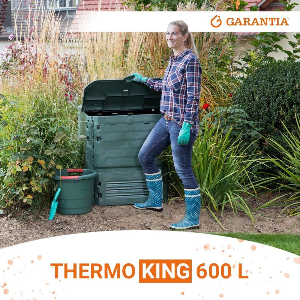 GARANTIA Thermo-King Komposter 600 Liter grün - für Gartenabfall mit isolierten Wänden - leichte Montage ohne Werkzeug - Deckelarretierung und Luftzirkulation aus Recyclingkunststoff für draußen