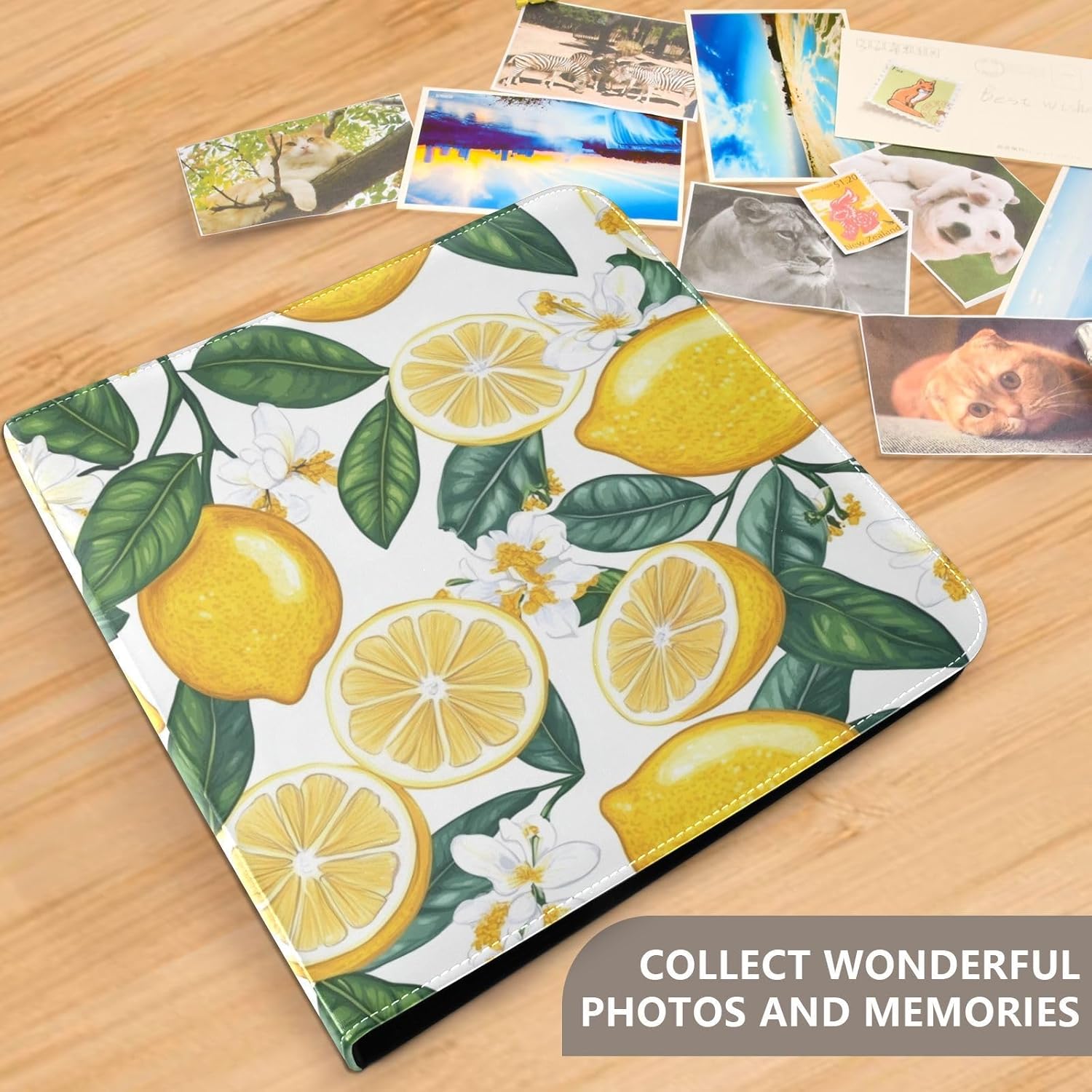 JIPONI Lemon & Flowers Large Photo Album, DIY Leather Cover Scrapbook Albums for 4x6 5x7 6x8 Pictures, Self Adhesive Memory Book for Wedding, Baby, Family