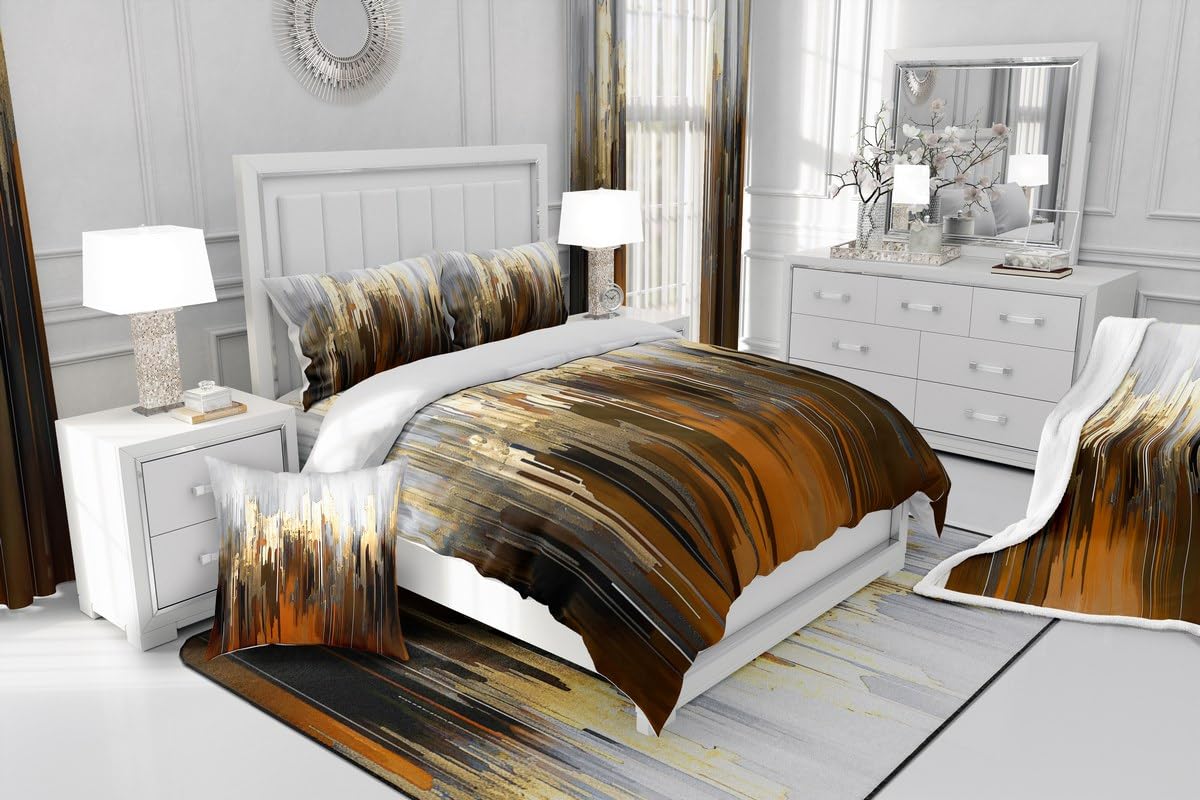 Brown Bedding Sets King Ombre Abstract Comforter Cover, Brush Marks Gradient Bed Set Contemporary Golden Metallic Duvet Cover - Image 4