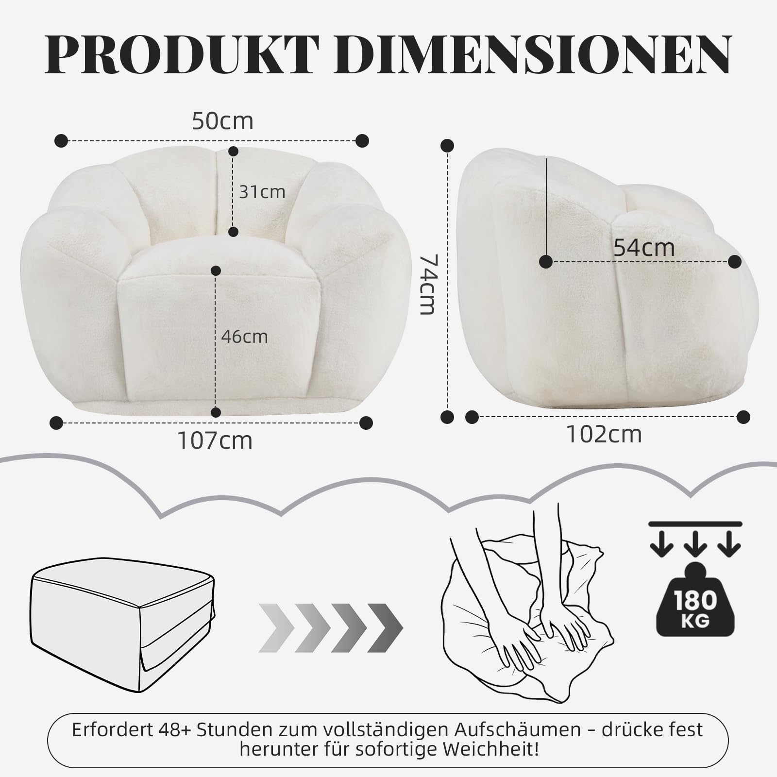 Sitzsack Erwachsene mit Füllung, Petalenförmiger Sitzsack, Großer Bean Bag aus Kunstfell, Bequemer Lounge Sessel, Hochdichter Schaumstoff, Schlafzimmer, Wohnzimmer, Milchweiß