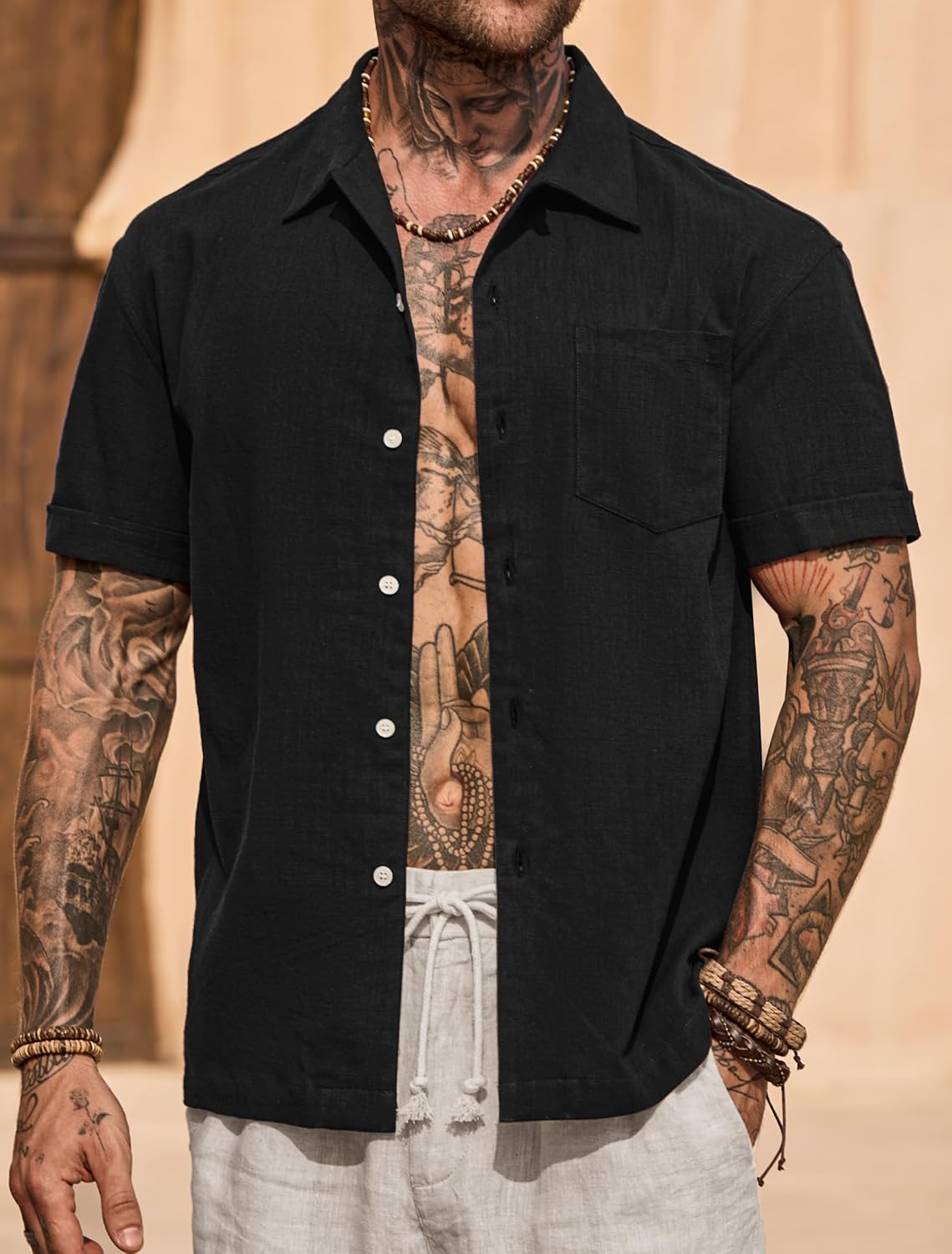 Mens Cuban Shirt Casual Cotton Vacation Summer Button Shirts with Pocket (S-XXL)