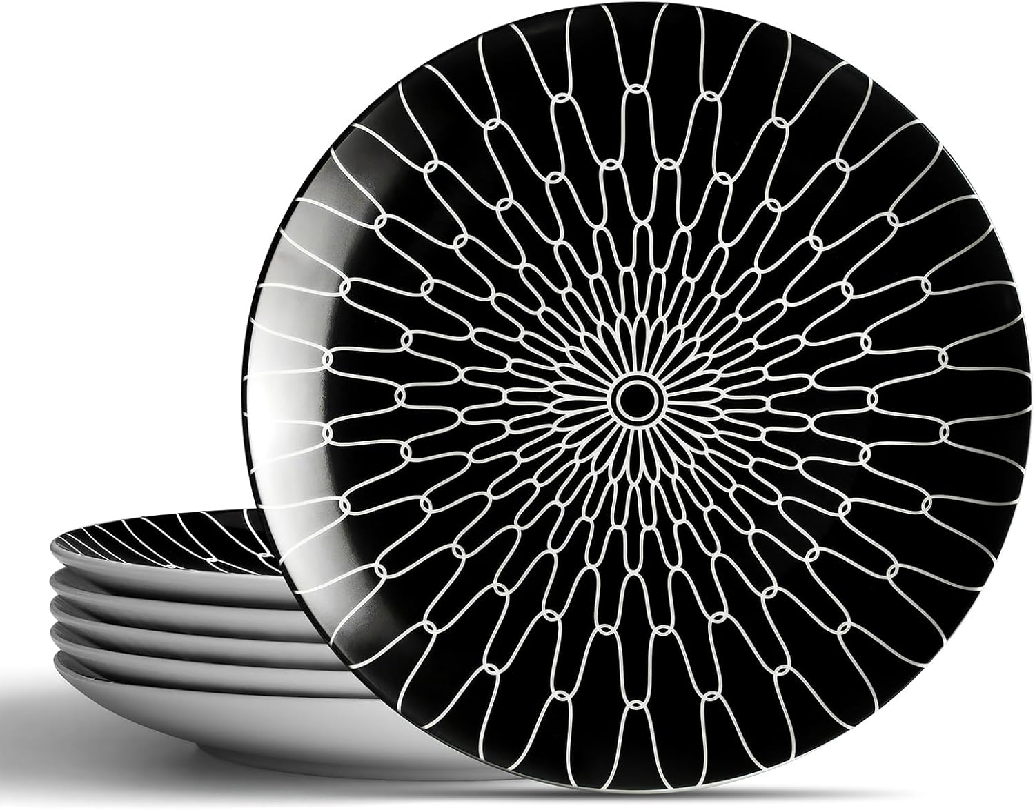 10-Inch Dinner Plates Set of 6, Black and White Grid Ceramic Plates, Large Checkerboard Design for Main Course, Restaurant-Style, Microwave & Oven Safe