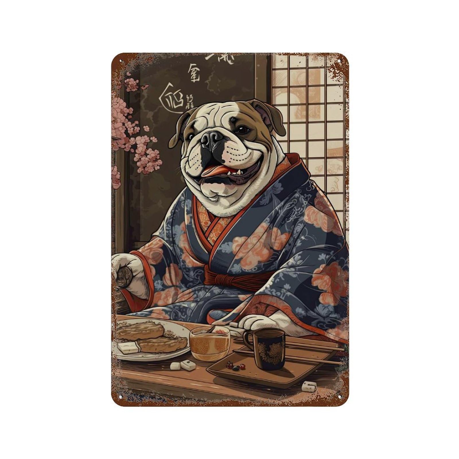 Garage Style Bulldog Dog Japanese Food Distressed Metal Wall Sign 11.8"x7.9", Decorative Metal Wall Art for Bar And Workshop