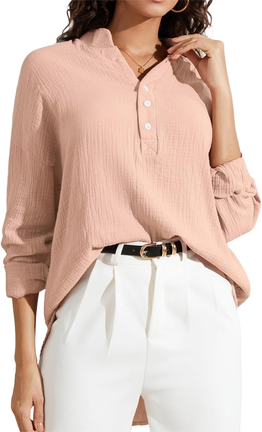 Button V Neck Shirts for Women Causal Long Sleeve Oversized Loose Fit Solid Lightweight Gauze Blouse Tops