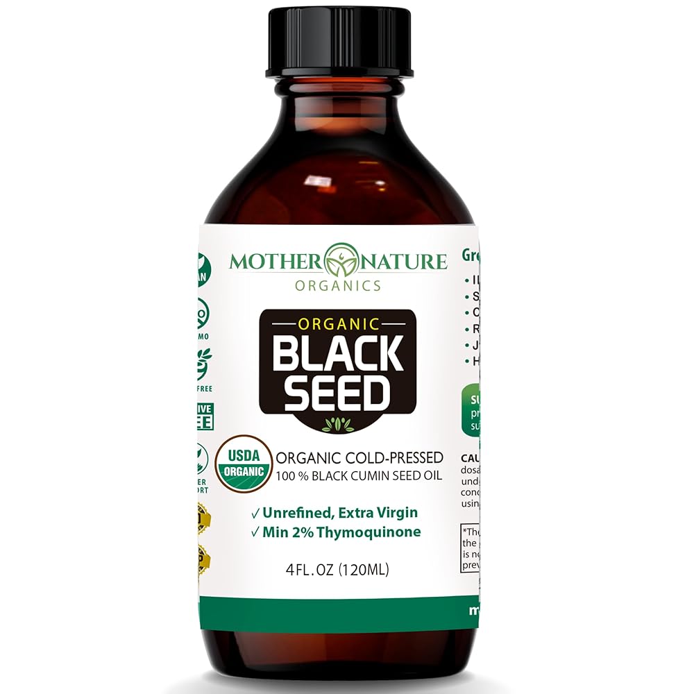 Mother Nature USDA Organic Black Seed Oil - Cold Pressed, Unrefined & Vegan Nigella Sativa, High Thymoquinone (2%+), Omega 3 6 9 for Immune, Joint & Heart Support, Hair & Skin, Non-GMO, 4oz