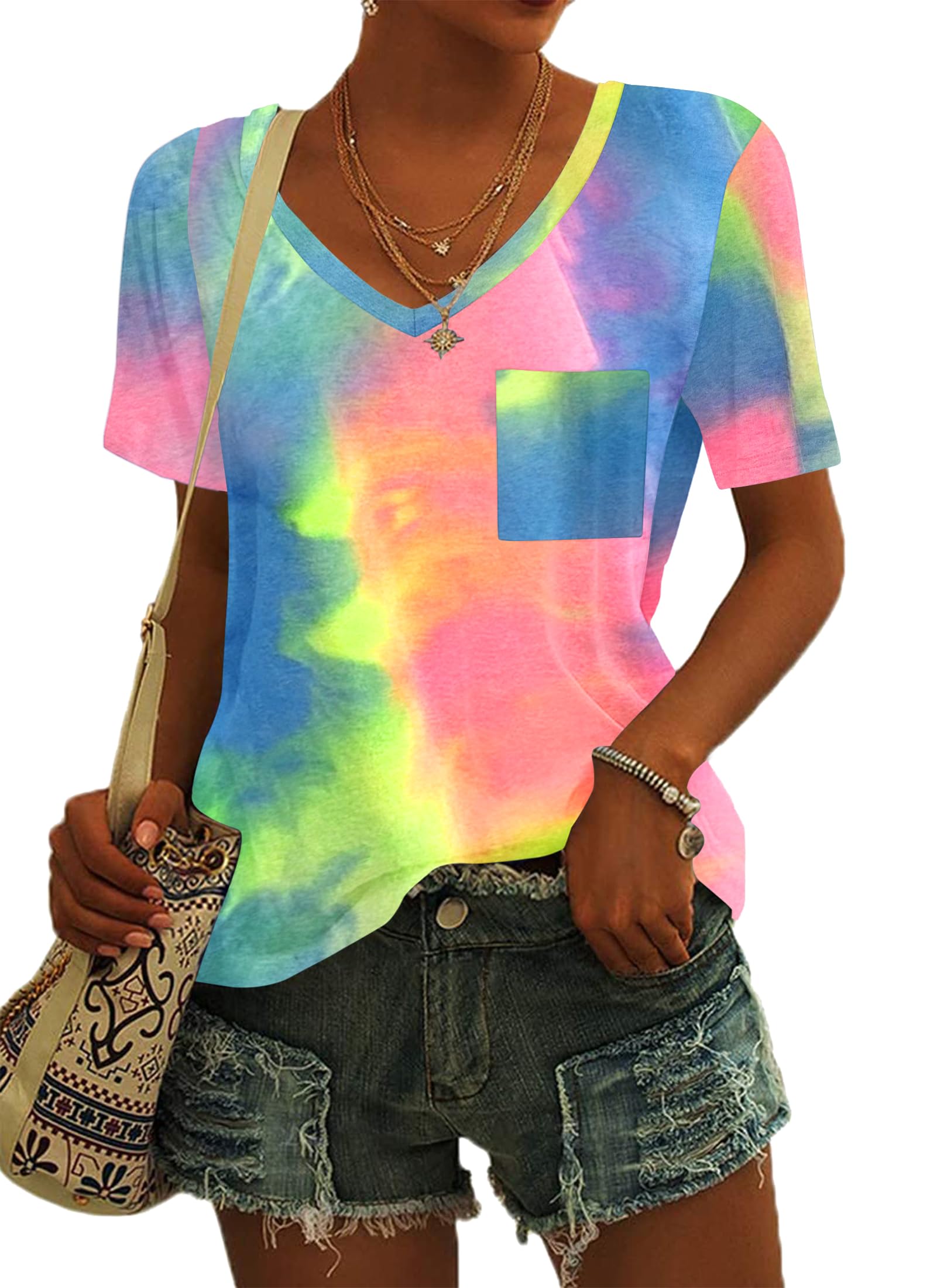 MOLERANI Damen T-Shirts Kurzarm V-Ausschnitt Lose Sommer T-Shirts Basic Tunika Tops mit Tasche