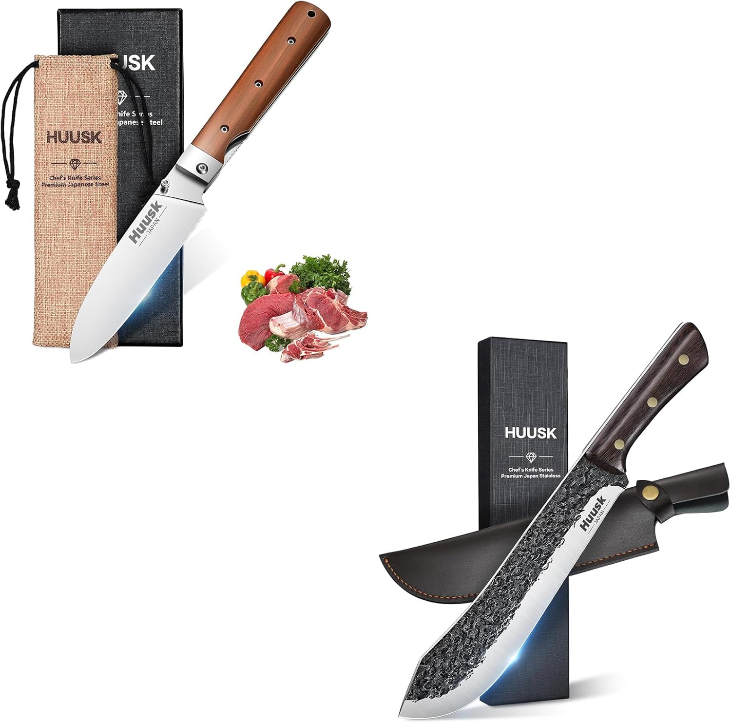 Huusk Butcher Knife for Meat Cutting Bundle With Folding Chef Pocket Knife, Japanese Santoku Knife