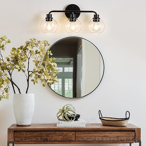 Miniatura 22 de Lámparas de baño doradas para tocador, 3 luces, apliques de pared, luces de latón cepillado con pantallas de vidrio transparente, lámpara de pared