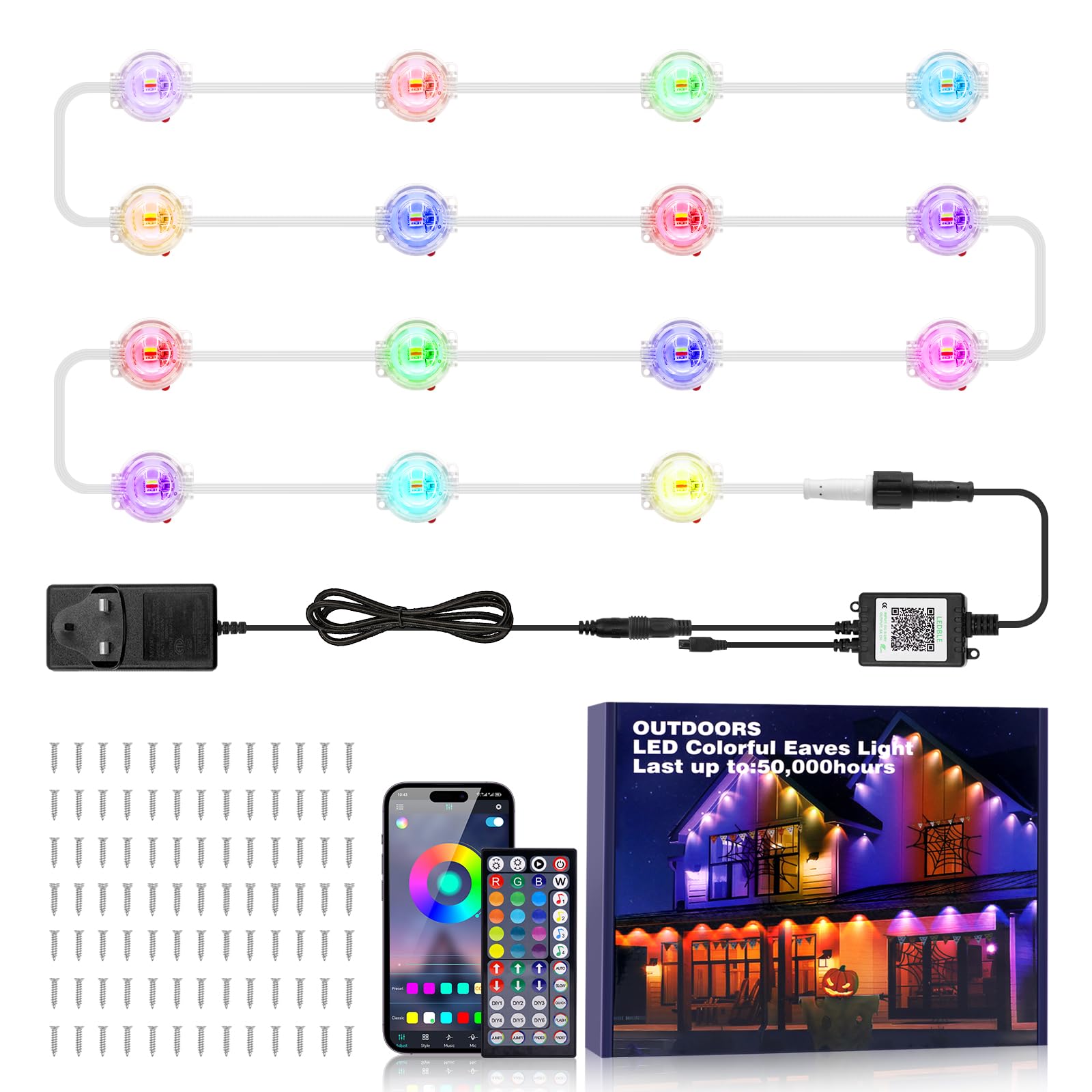 Wisada 24V RGBCCT 5 in 1 Beads LED Eave Light Kit [150M(2 * 75M)/250led], Waterproof LED Bulb with 44 Keys IR Bluetooth Music Controller, Christmas Wedding Party Decoration — image 1