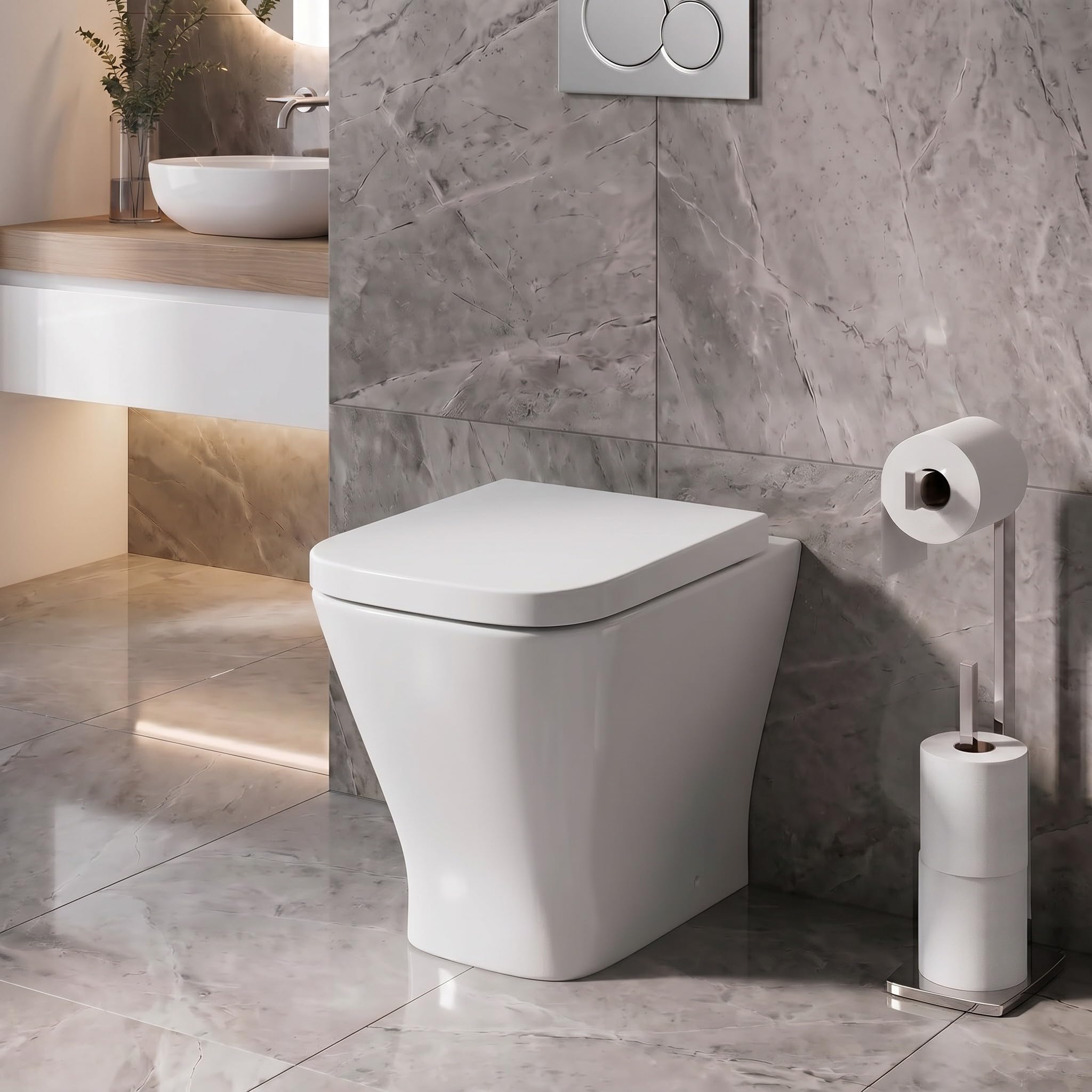 Affine® Marseille Modern Bathroom Cloakroom Back to Wall BTW Rimless Toilet Space Saving WC Toilets, Soft Close Top Fix Seat, Square Shape Pan, Ceramic, White Gloss