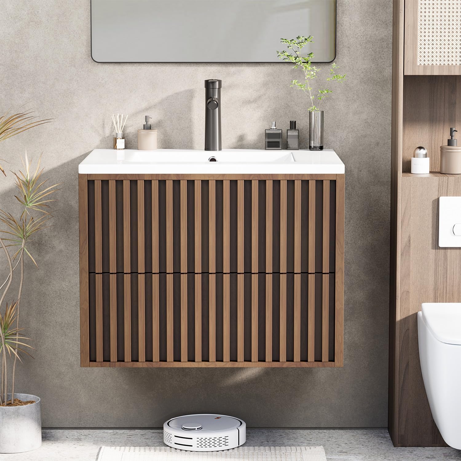 EROMMY 24 Inch Bathroom Vanity with Sink Combo, Floating Vanity with 2 Fluted Drawers, Silent Slides, Floating Wall Mounted Bathroom Cabinet Includes Hardware, Walnut