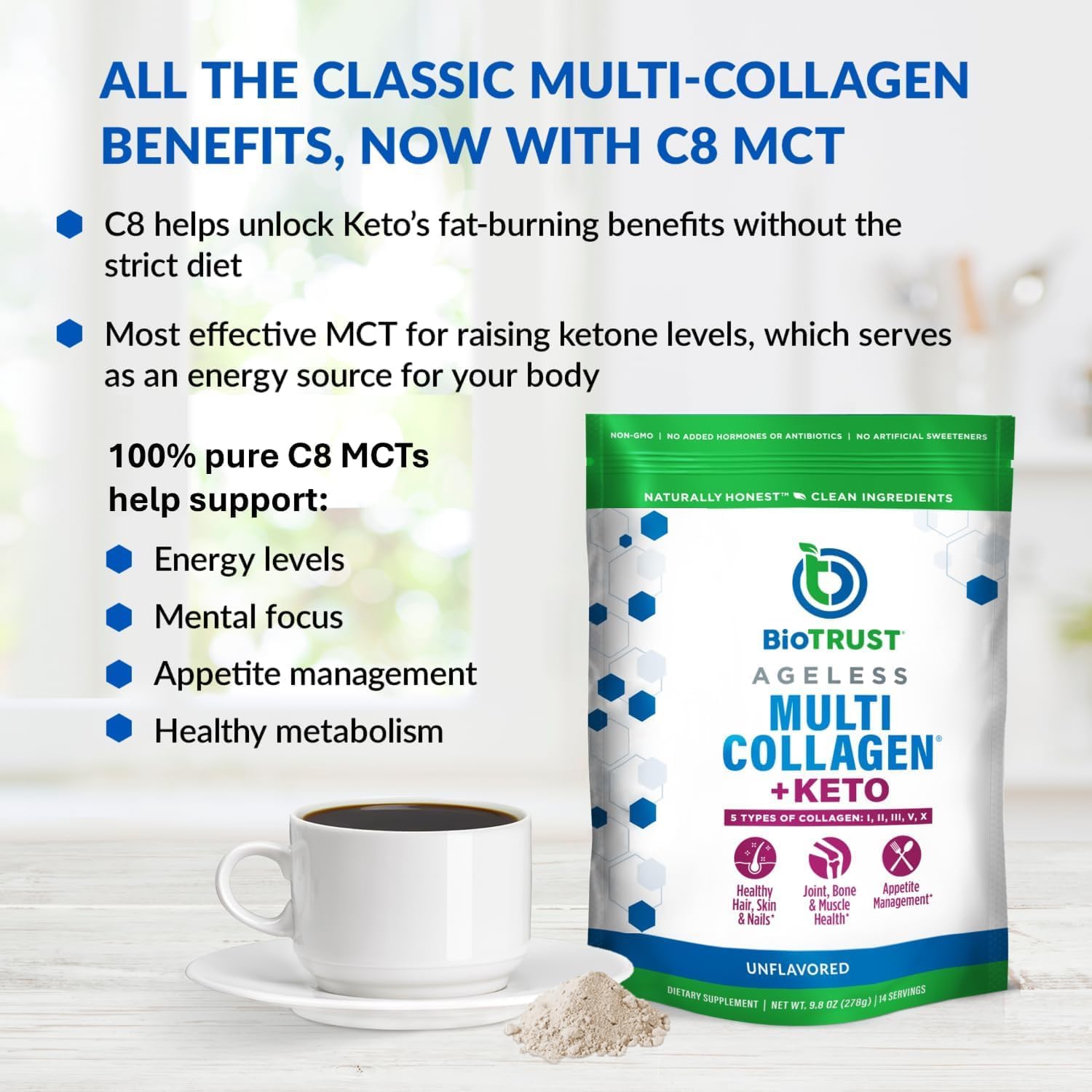 BioTrust Multi Collagen Protein Powder + Keto MCT Oil – 5 Types (I, II, III, V, X) & 100% Caprylic Acid C8 - Support Elevated Ketones, Metabolism, Joints & Beauty All in 1 Collagen Powder (Unflavored)