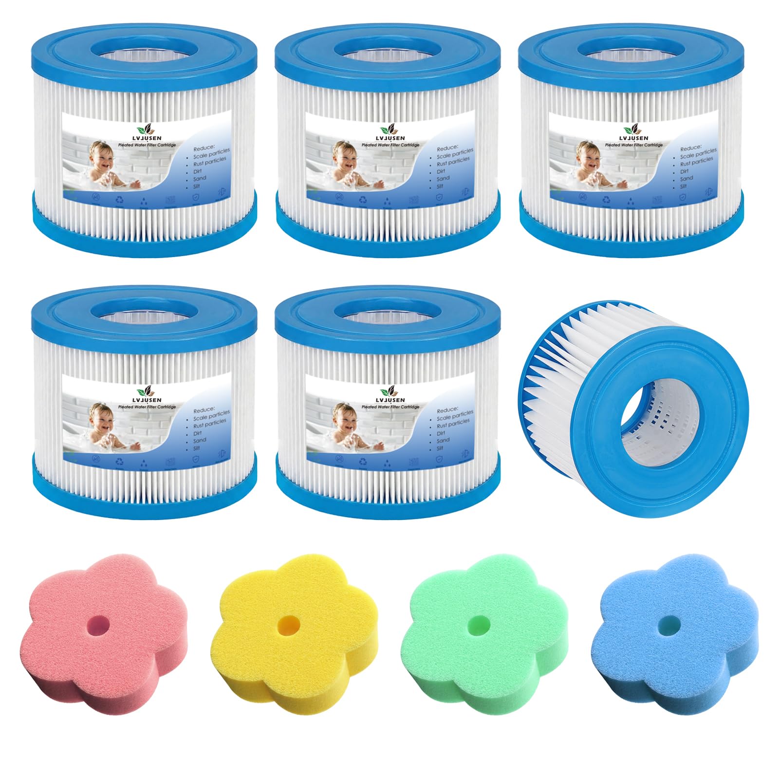 LVJUSEN Type VI Hot Tub Filter-Replaces Bestway 58323E, Lay-Z-Spa& Coleman SaluSpa VI Filter, Inflatable Spa Filter Cartridge with 4 Sponges