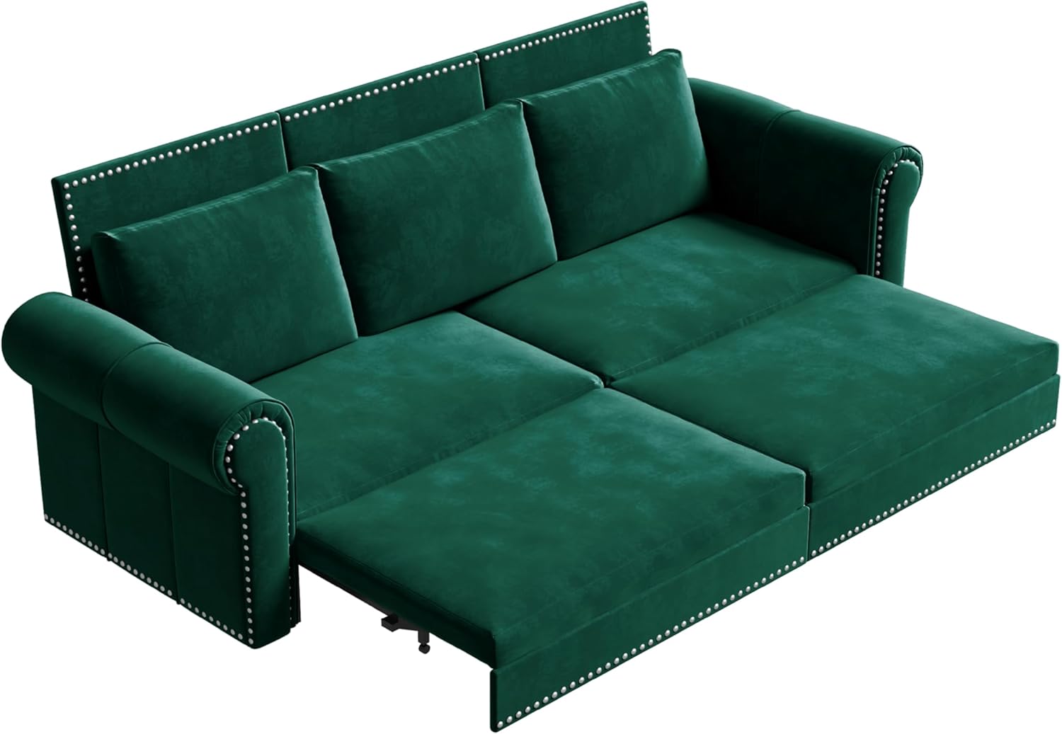 93.7" King Size Pull Out Sofa-Bed, 3-in-1 Velvet Convertible Sleeper Sofa with Rolled Armrest & Nailhead Trim, Multi-Functional Chaise Lounge 3 Seater Couch,Green
