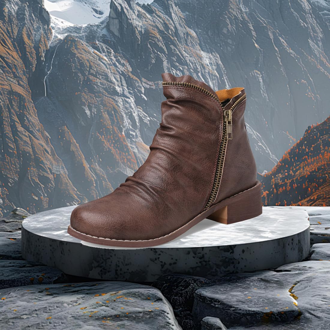 Women's Casual Short Ankle Boots - Trendy Classic Footwear for Women Side Zipper Vintage Leather Damping Shoes Comfortable Walking Boots for Women