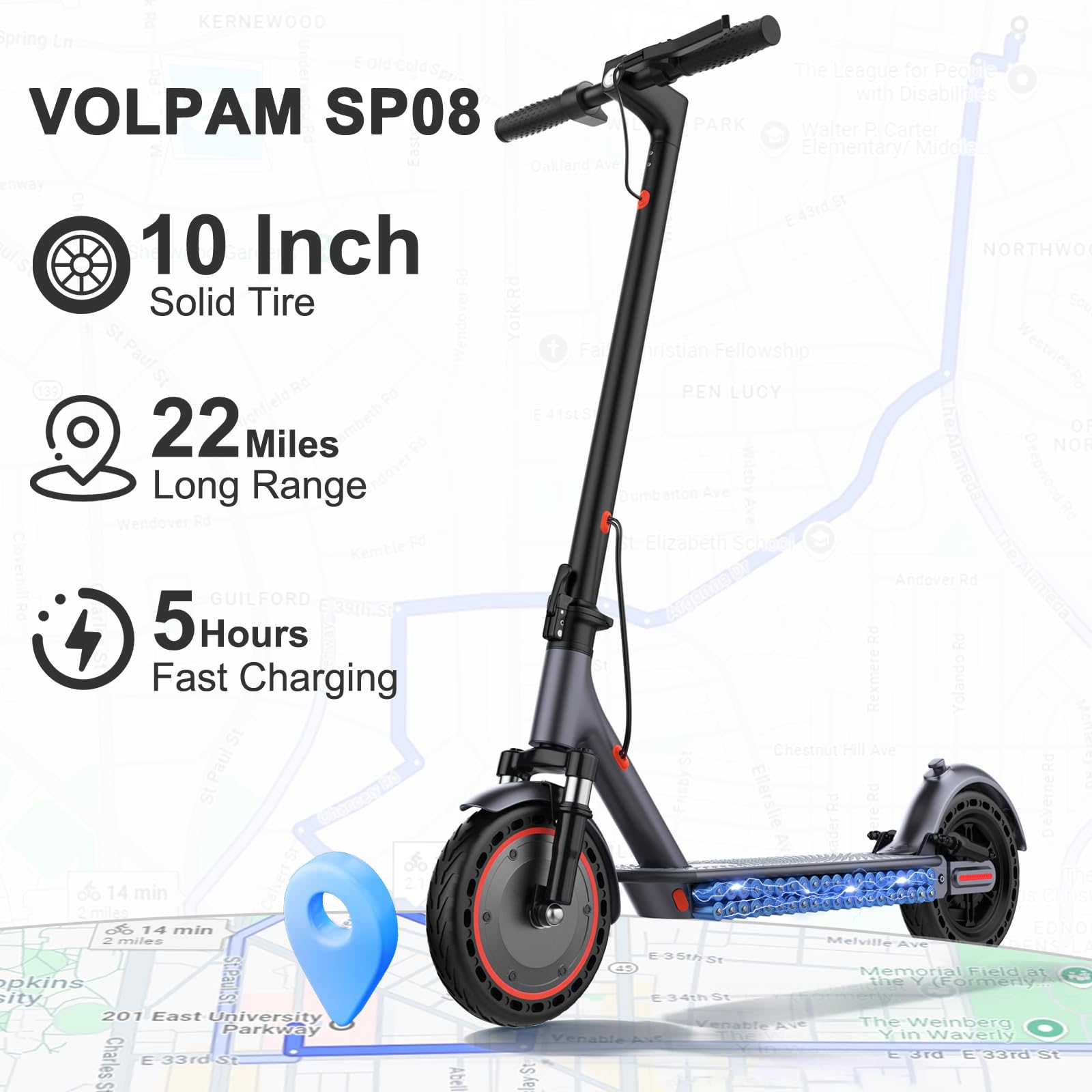 VOLPAM Adult Electric Scooter, 350W/500WMotor, 8.5"/10" Solid Tires, 19/22Mph, 32/28/23/21/18/16Miles Max Range, Dual Braking - 4