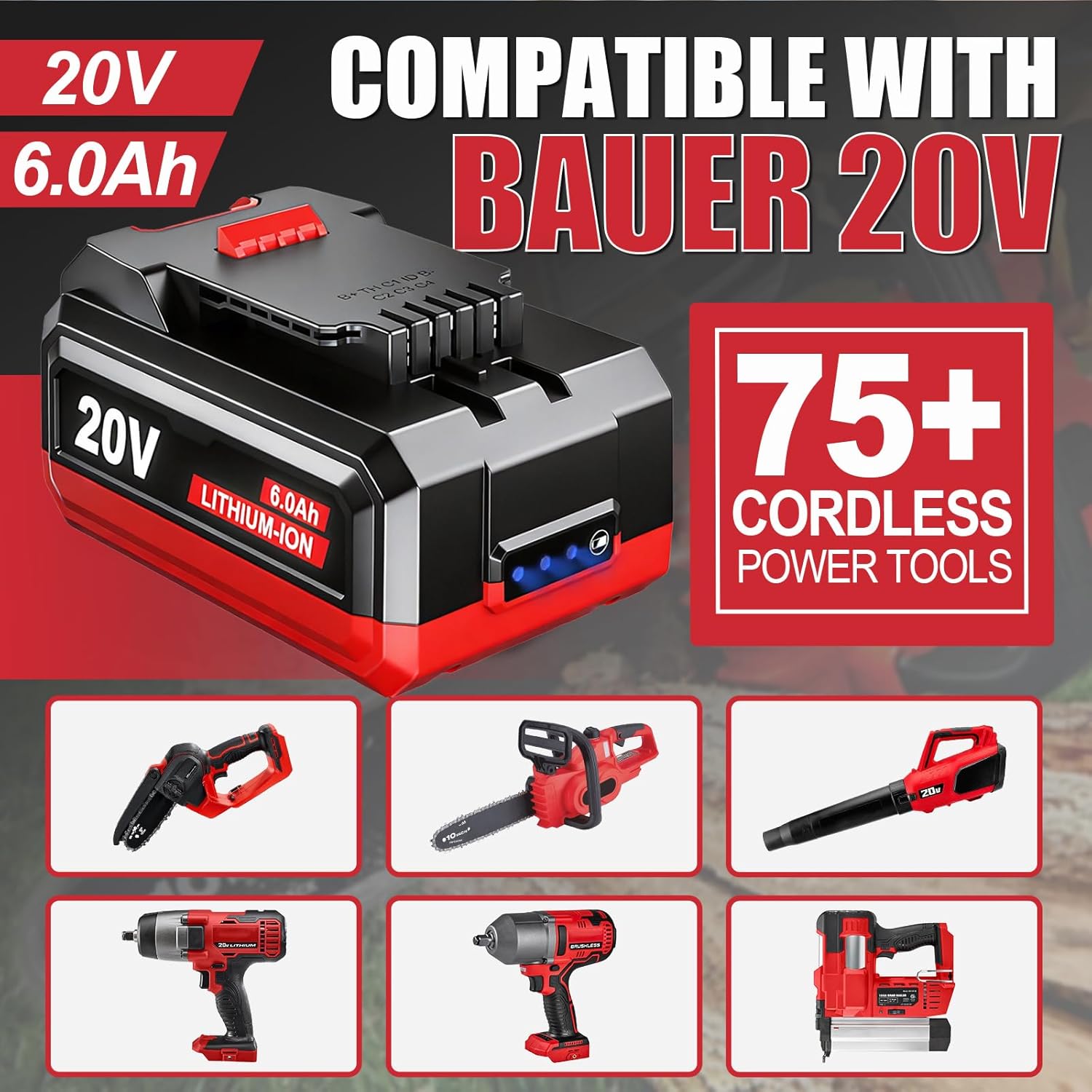20V 6.0Ah Battery Replace for Bauer 20V Lithium-Ion Battery,Compatible with Bauer 20Volt Cordless Power Tools - Image 3