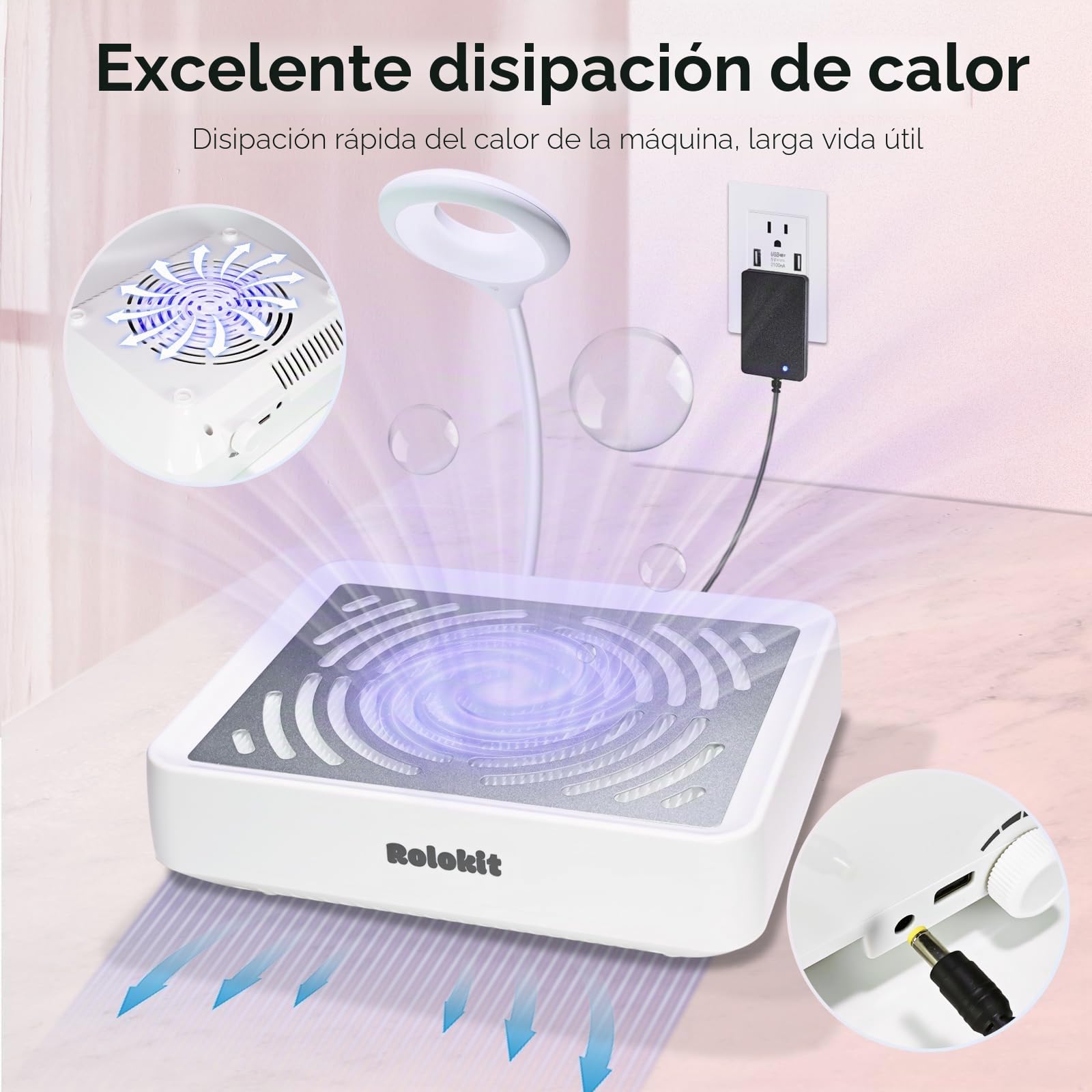 Rolokit Colector de polvo de uñas con lámpara y 50 filtros desechables y cepillo de polvo, aspiradora eléctrica de uñas, ventilador de polvo, máquina de succión para manicura, esmalte de uñas de gel
