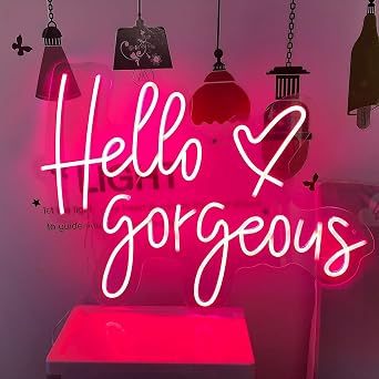 Neon Hello Gorgeous Signs for Wall Decor Wedding Light Pink Neon Lights for Bedroom Birthday Party, Bar, LED Neon Sign with Dimmer Switch for Christmas Decor Art Gift Pink,21.65 x 15.35