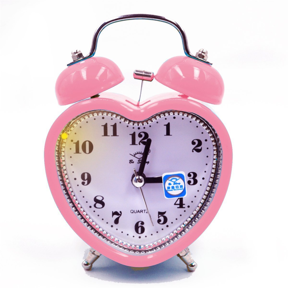Monique Cute Desk & Shelf Alarm Clock Twin Bell Heart- Shaped Home Travel Table Alarm Clock with Nightlight Pink