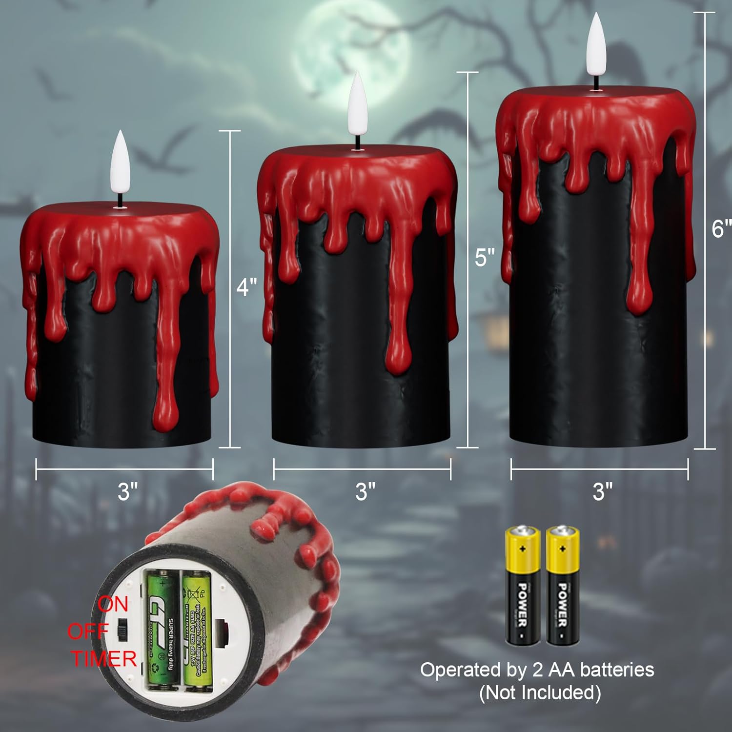 Black Halloween Flameless Candles with Timer, Spooky LED Pillar Flameless Candles, 3 Pack Real Wax Black and Red Blood Dripping Battery Operated Candles with 3D Wick for Home Fall Decor
