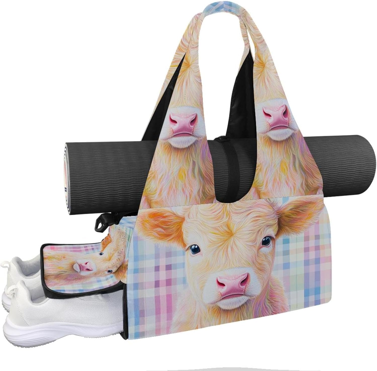 Yoga Mat Bag, Gym Workout Bag with Shoe Compartment, Cow Flower Pilates Bag for Women, Quick Access Storage Yoga Tote Bag for Sports Travel Office