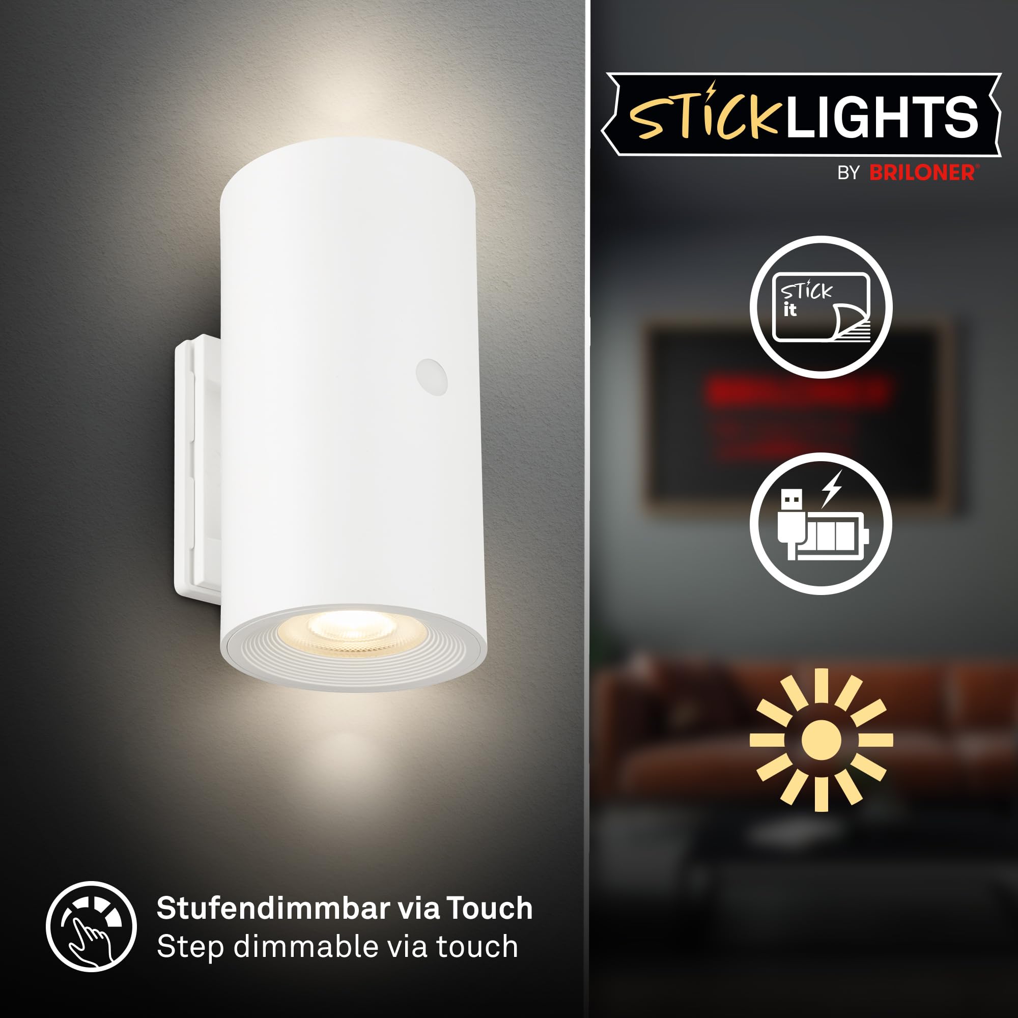 BRILONER Sticklights lampa ścienna bez prądu i wiercenia z baterią, dotykowa, możliwość ściemniania, ciepła biel, bezprzewodowa, do ponownego ładowania, na ścianę, 6,1 x 12 cm, biała
