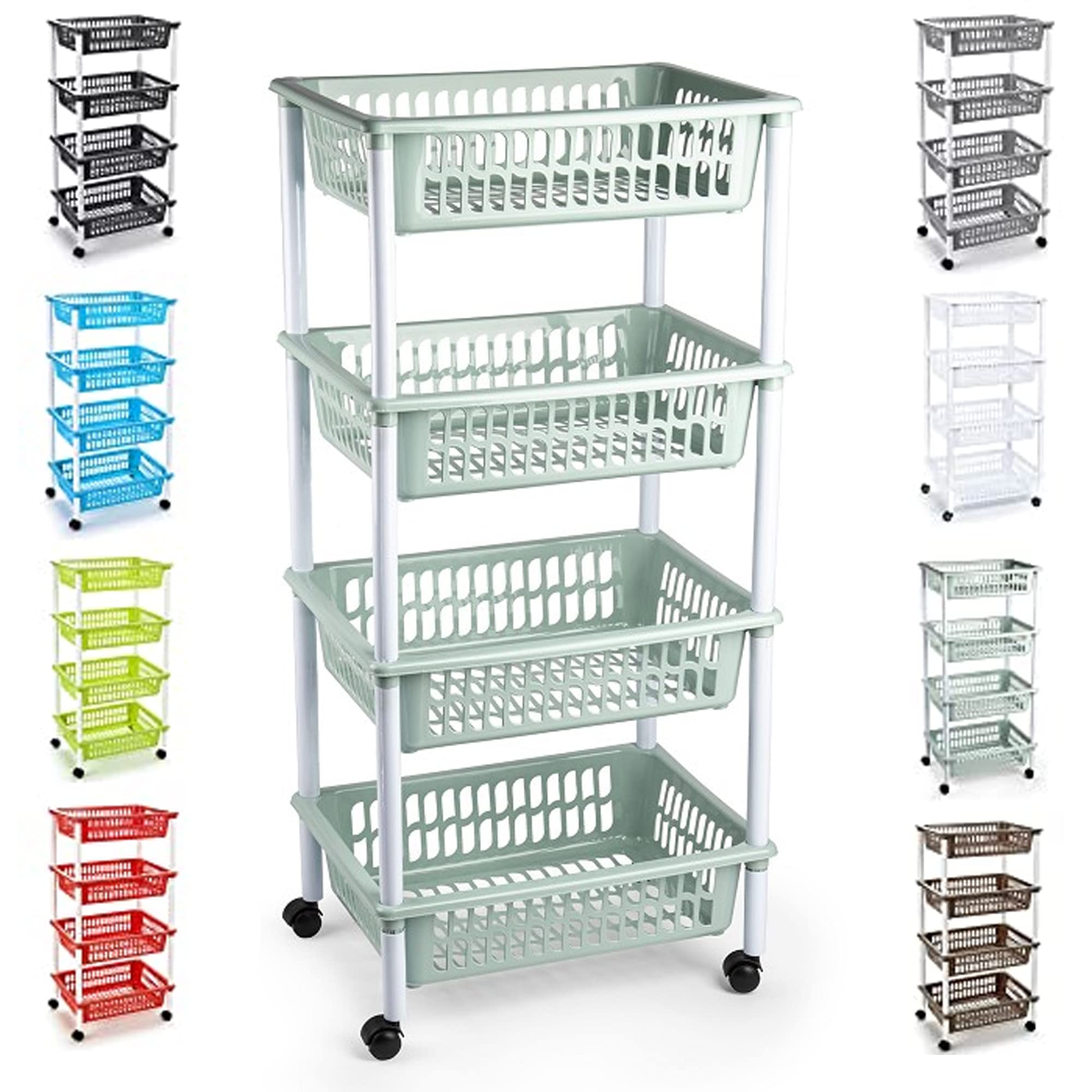 Carrello portaoggetti in plastica a 4 livelli con ruote, carrello da cucina, per verdure, cesto di frutta, mensola angolare per cucina, camera da letto, bagno, soggiorno, ufficio (verde menta)