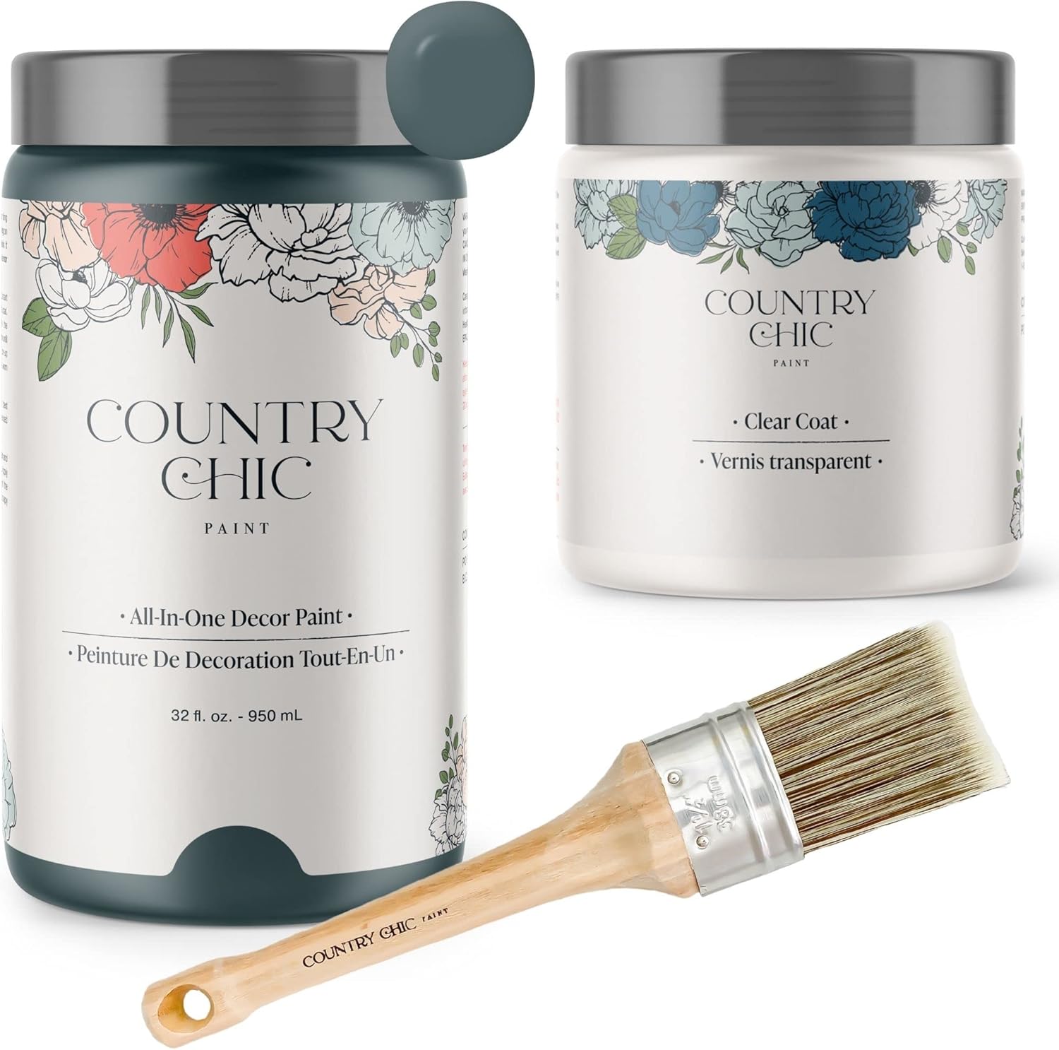 Chalk Style Paint + Clear Coat + Paint Brush Bundle - for Furniture, Home Decor, Crafts (Color: Jitterbug - Dark Teal)