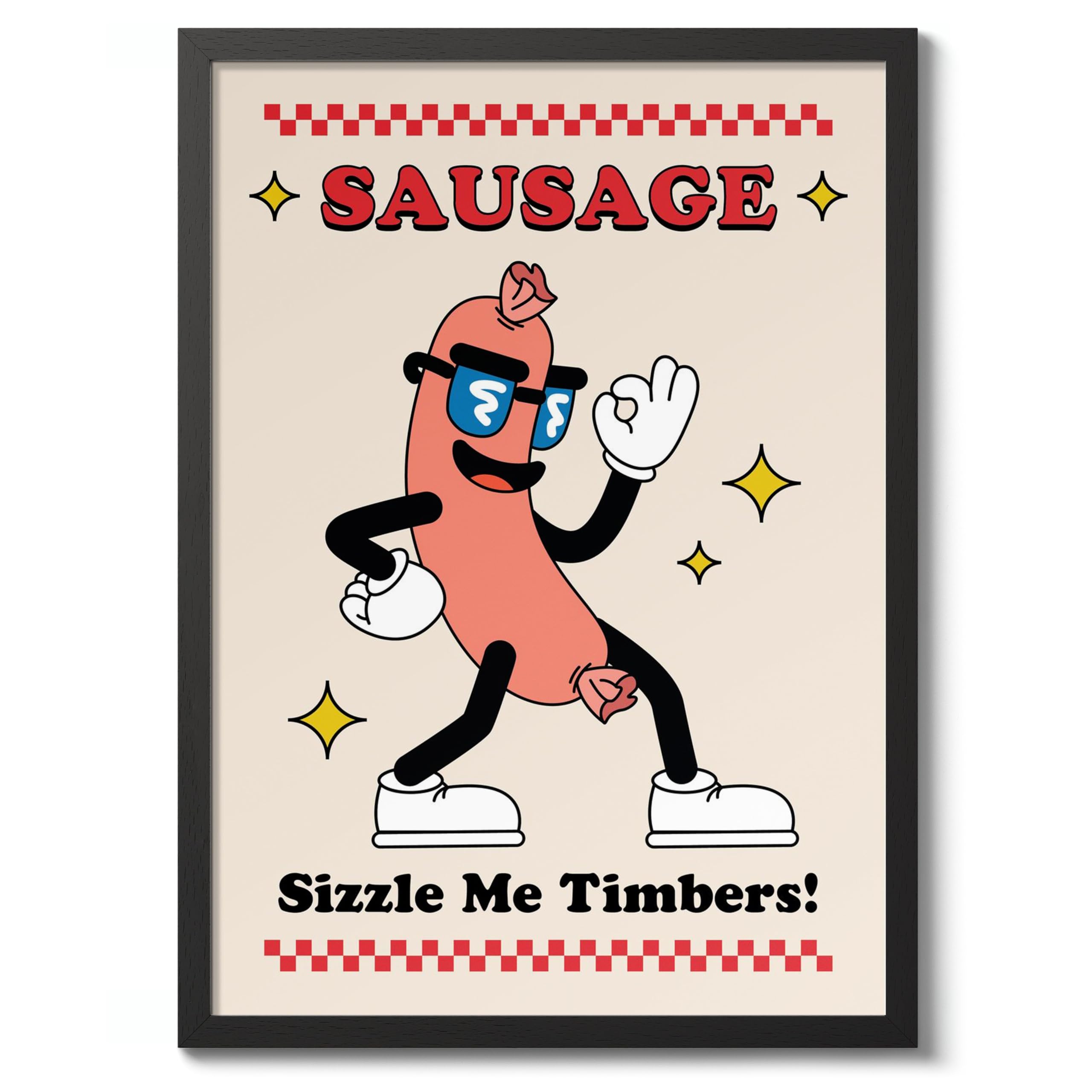 Sausage Kitchen Wall Art, Modern Food Poster, Cartoon Mascot Prints, Kitchen Typographic Home Decor, A1 (Black Frame) - 86.9x62.4cm