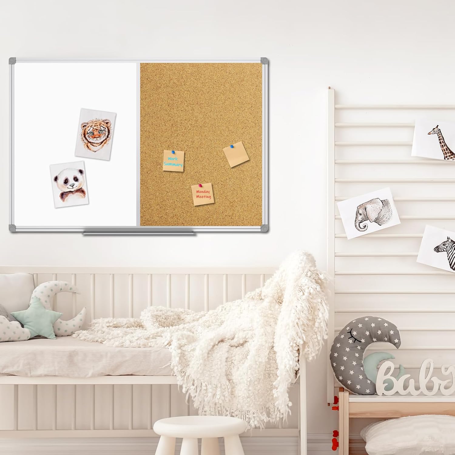 JILoffice White Board & Bulletin Corkboard Combination, Combo Board 36 x 24 Magnetic Whiteboard, Silver Aluminum Frame Wall Mounted Board for Office Home and School with 10 Push Pins