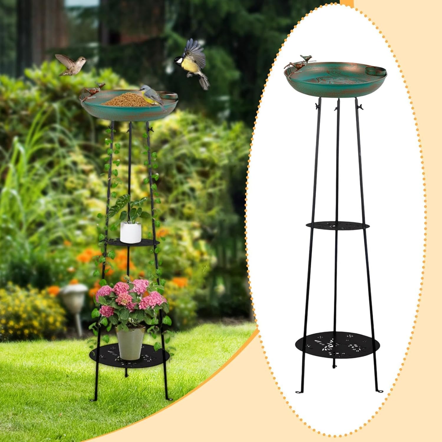 Garden Tripod Stand with Bird Bath Feeder Wrought Iron Sturdy Decorative Craft Multifunctional Trellis Plant Support 33x105cm