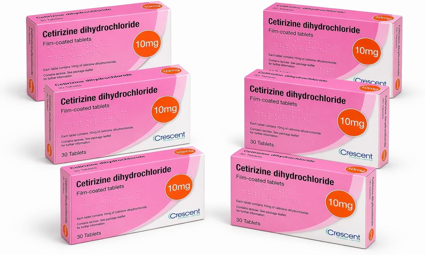 6 Months Supply Crescent Pharma Cetirizine Dihydrochloride Hayfever Allergy Tablets 30 x 6