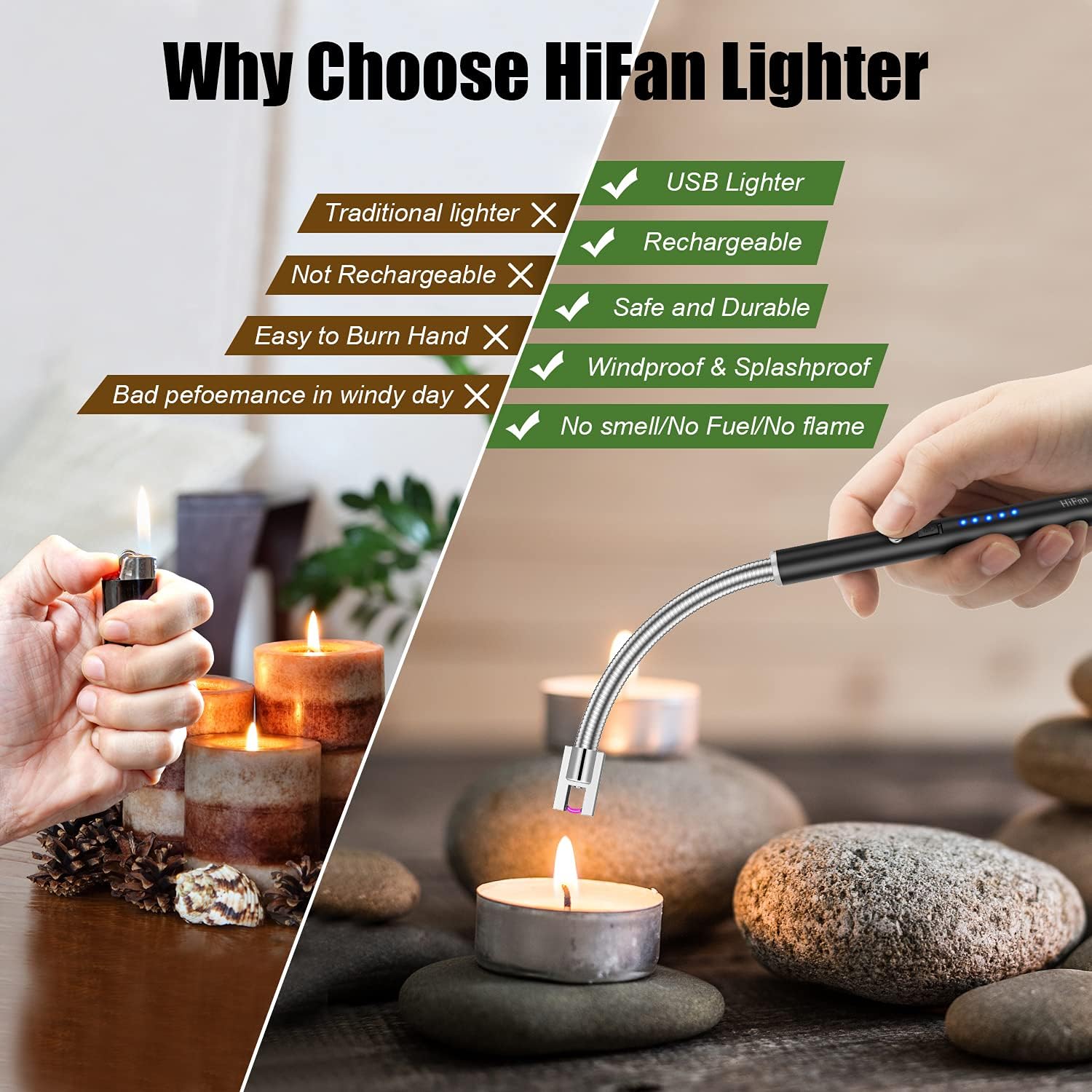 HiFan Candle Lighter Electric Lighter Rechargeable USB Lighter with LED Battery Display Safety Switch for Candle Cooking BBQs Fireworks