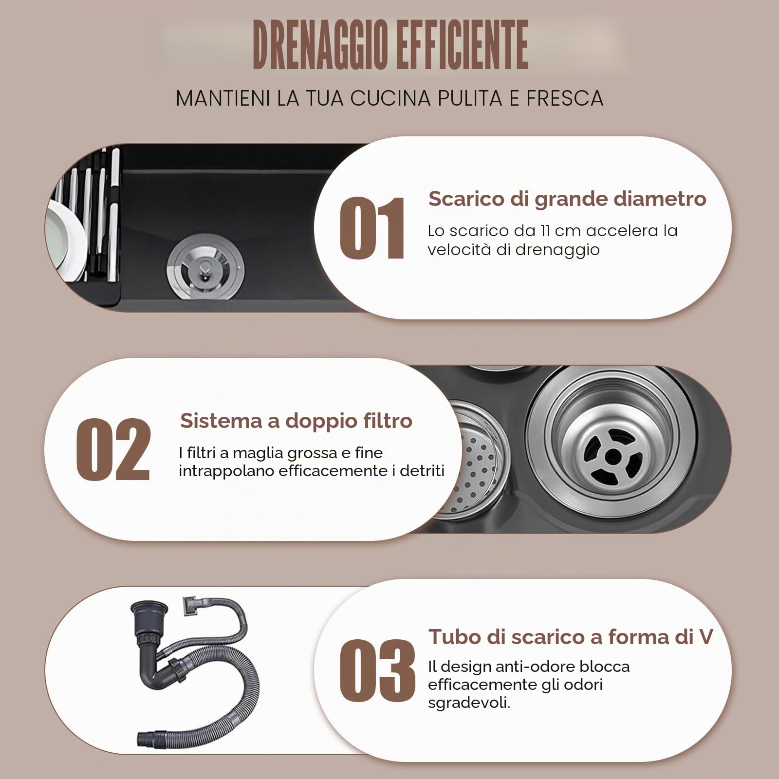 Lavello da Esterno Autoportante con Mobile per Giardino e Officina, lavabo in acciaio inox nero, corpo in alluminio alveolare con piedini regolabili, miscelatore caldo/freddo e kit di scarico inclusi