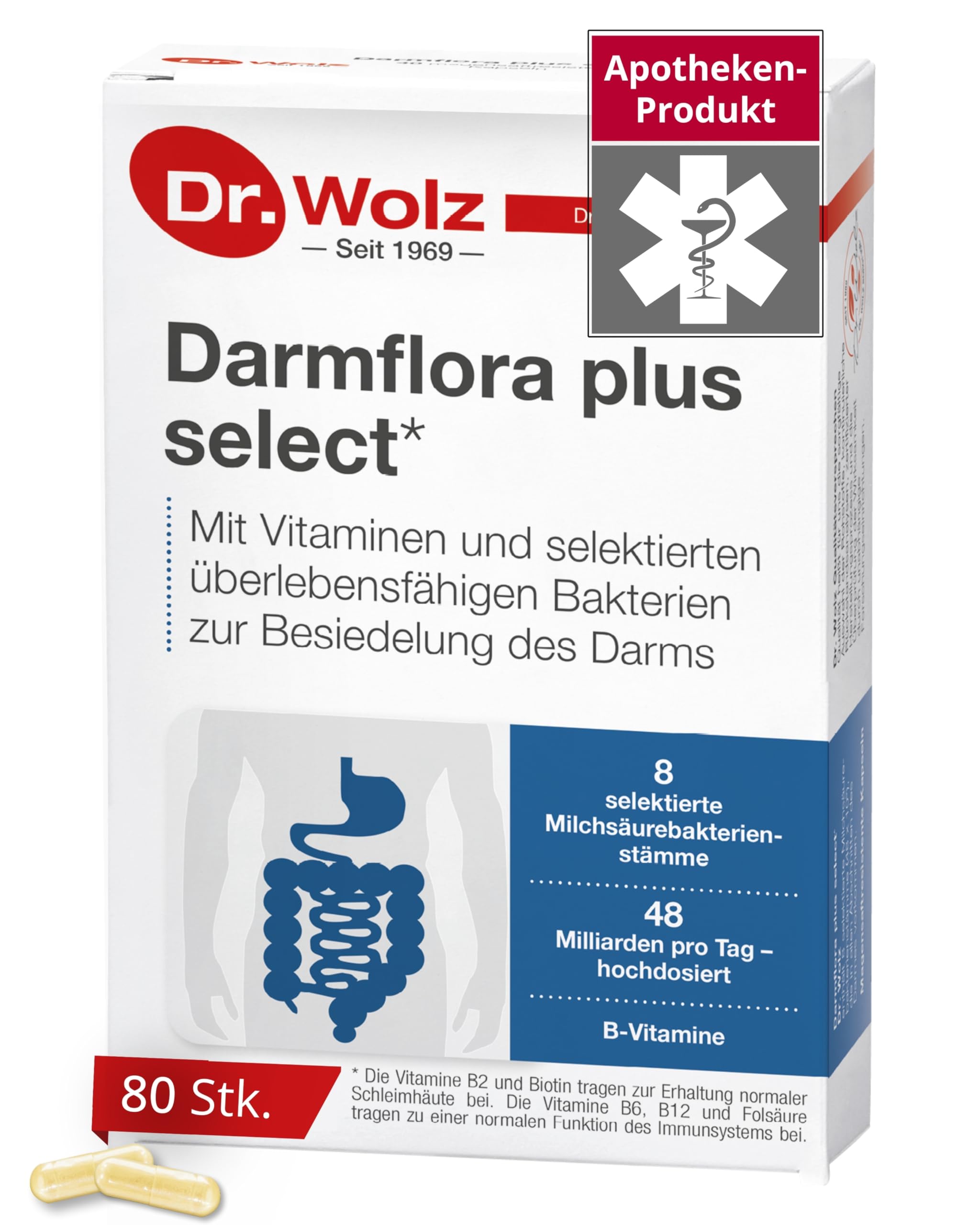 Dr. Wolz Darmflora plus select* - 80 Kapseln hochdosiert - 8 Milchsäurebakterien-Stämme - 48 Mrd Bakterienkulturen pro Tag - Kulturen Komplex für Darmschleimhaut & Immunsystem - Darm-Kur* - vegan
