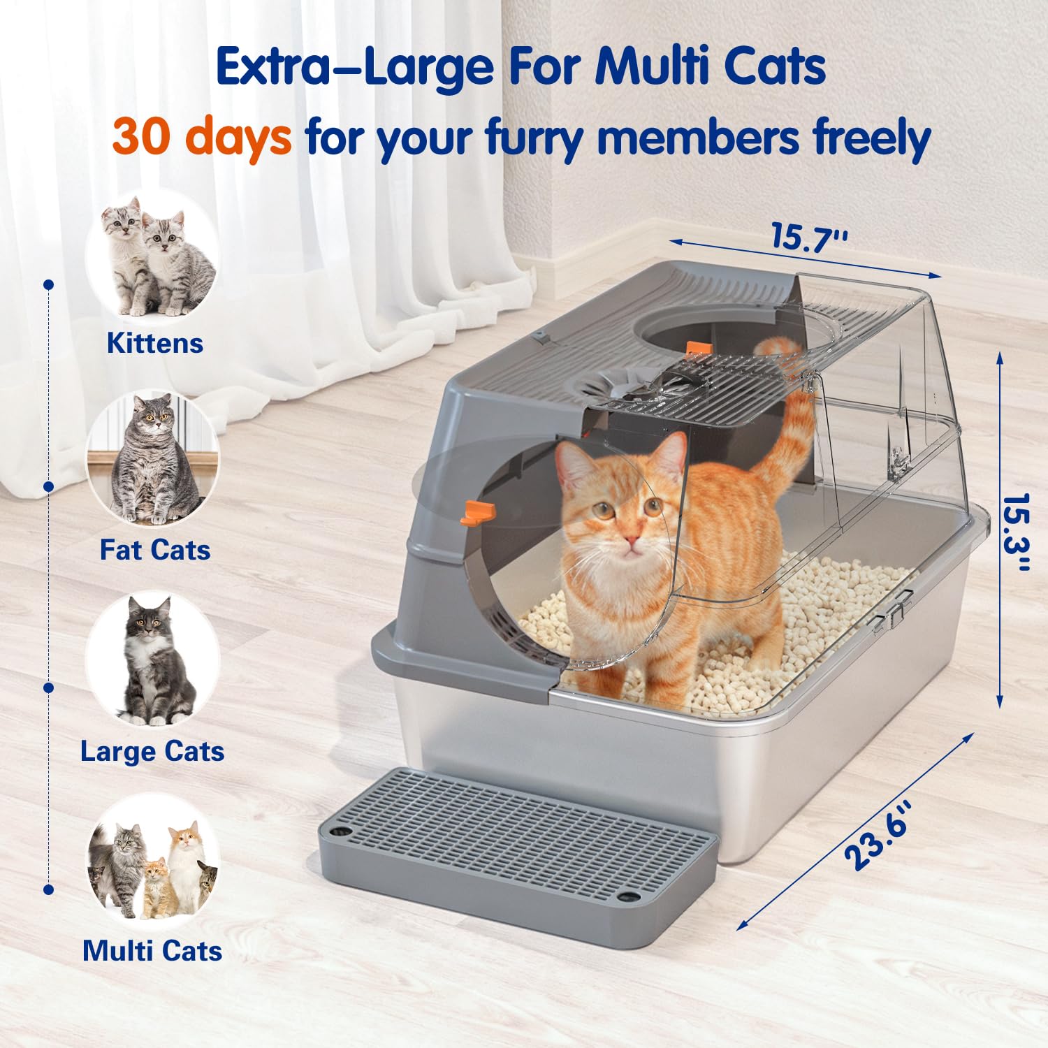 Citylife Stainless Steel Litter Box with Lid XL Large Enclosed Metal Box Anti-Leakagecat Litter Box Stainless Steel Includes Scoop, Mat, Odor Control Easy Cleaning, Dark Grey