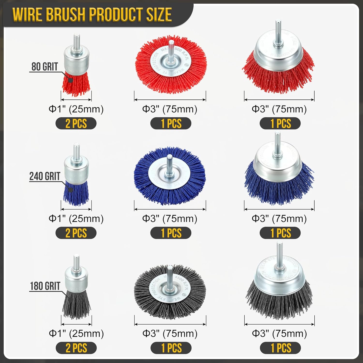 DTGN Wire Wheel Cup Brush Set for Drill - 12 Pcs - Coarse Nylon Crimping Drill Wire Brush(0.05" Wires Size) - 1/4 Inch Round Shank - Good for Cleaning Rust Paint Abrasive(1"-3" Dia.)