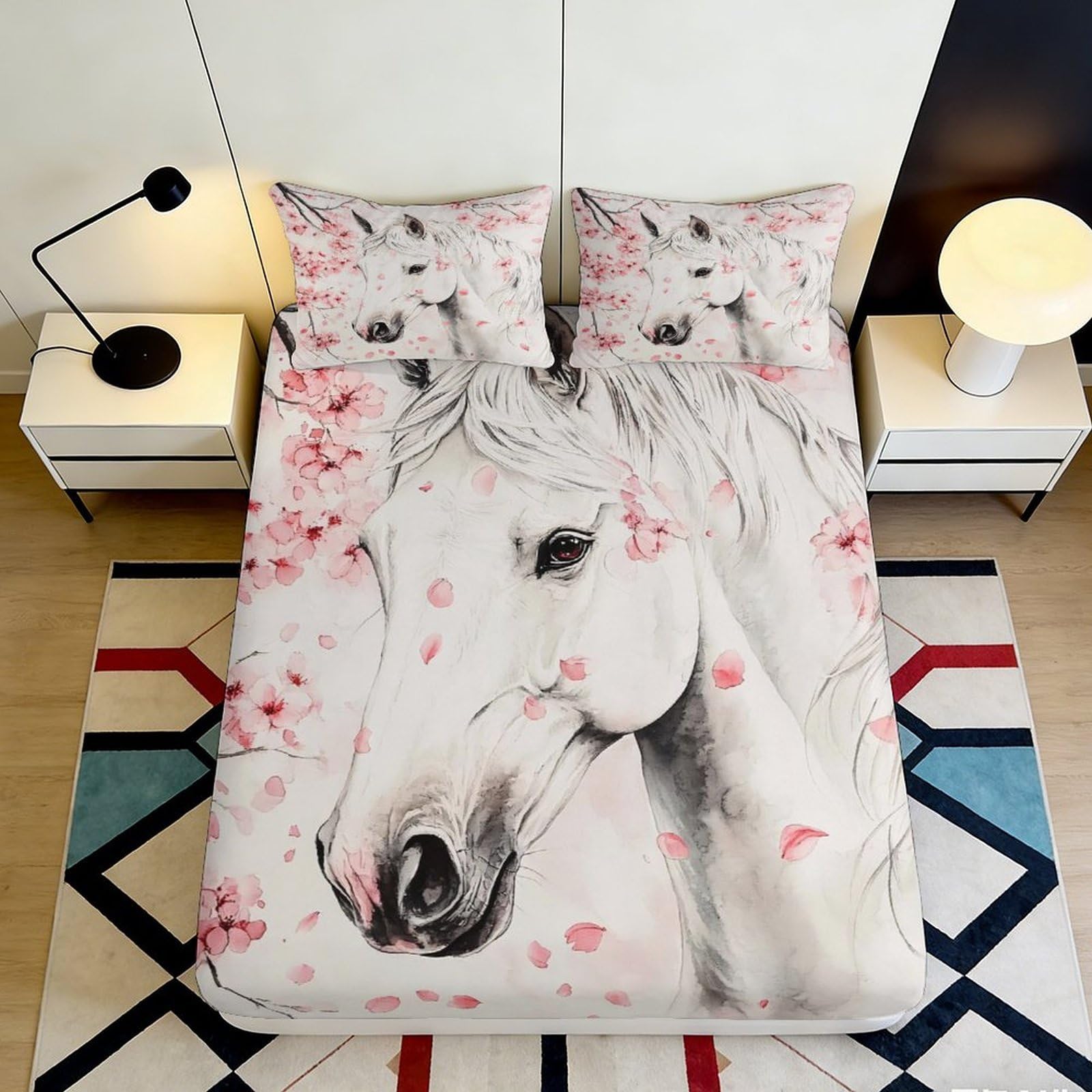 3D Printed Cherry Blossom Horse Fitted Sheet Microfiber Soft Breathable Floral Bed Cover for Bedroom Dormitory Guest Room Mattress Protection 120x200x25cm