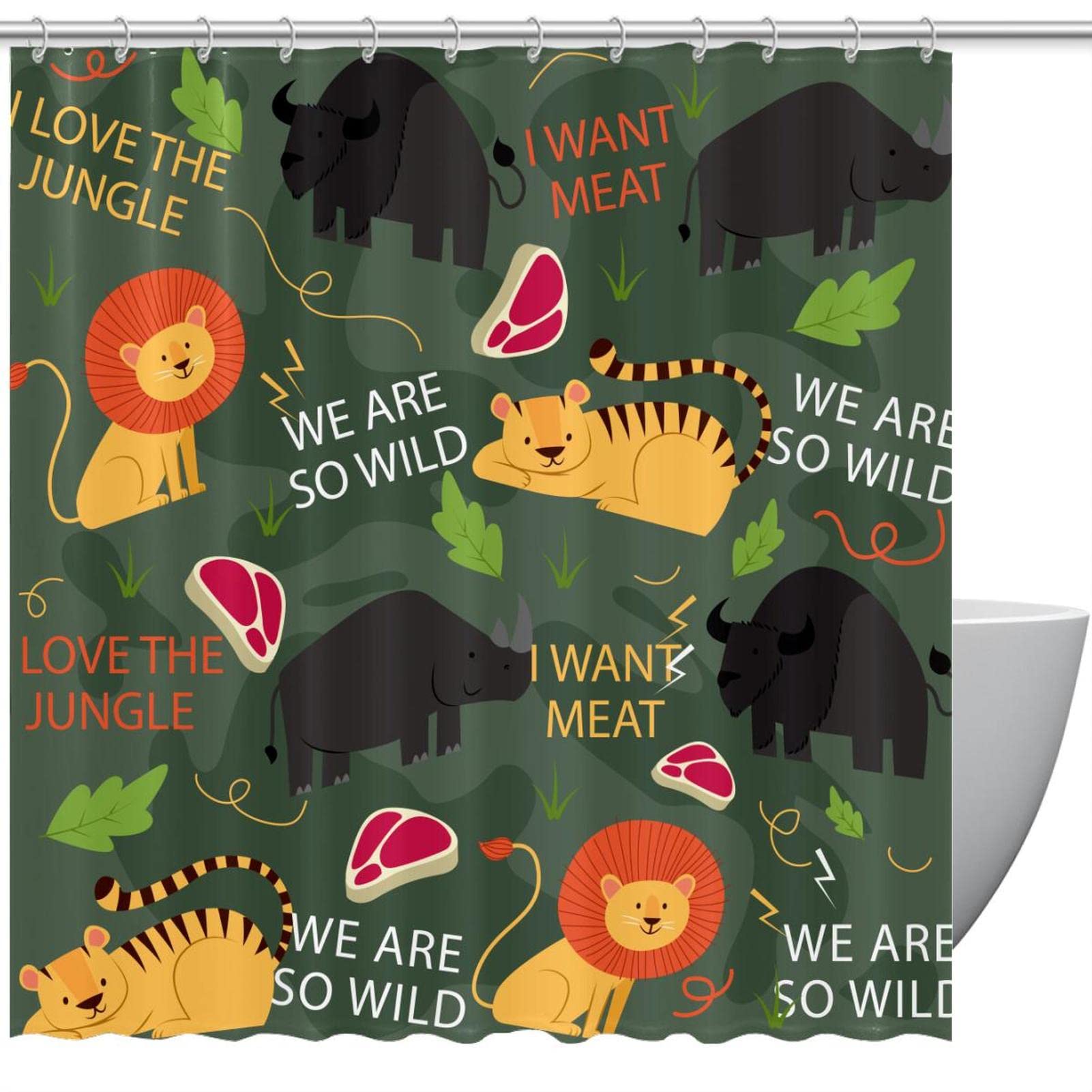 Rideau de douche coloré avec motif animaux ludique et lettrage créatif
