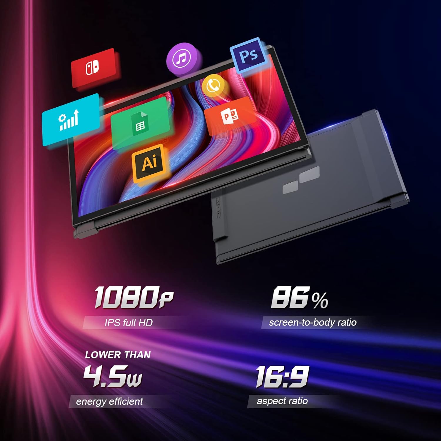 Duex Plus monitor displaying various application icons and technical specifications like 1080p Full HD, 86% screen-to-body ratio, and 16:9 aspect ratio.
