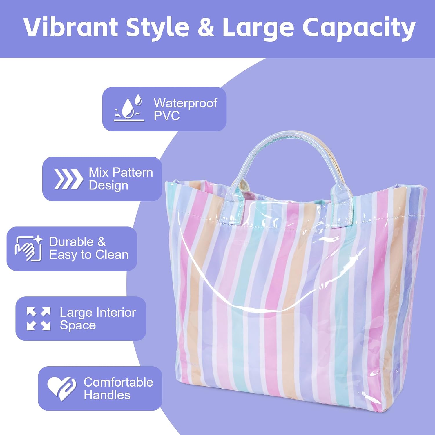 Aimyoo Striped PVC Tote Bag for Women, Waterproof Plastic Handbag for Beach Pool, Topbag for Girls Summer Vacation Travel