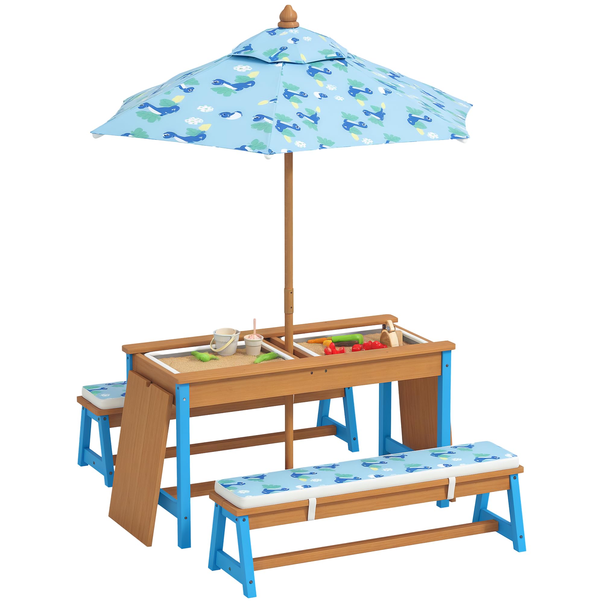 Qaba Kids Picnic Table, Wooden Table and Bench Set with Foldable Umbrella, Removable Cushions & Boxes, Dinosaur Theme Children Activity Table Outdoor Furniture for Patio, Blue