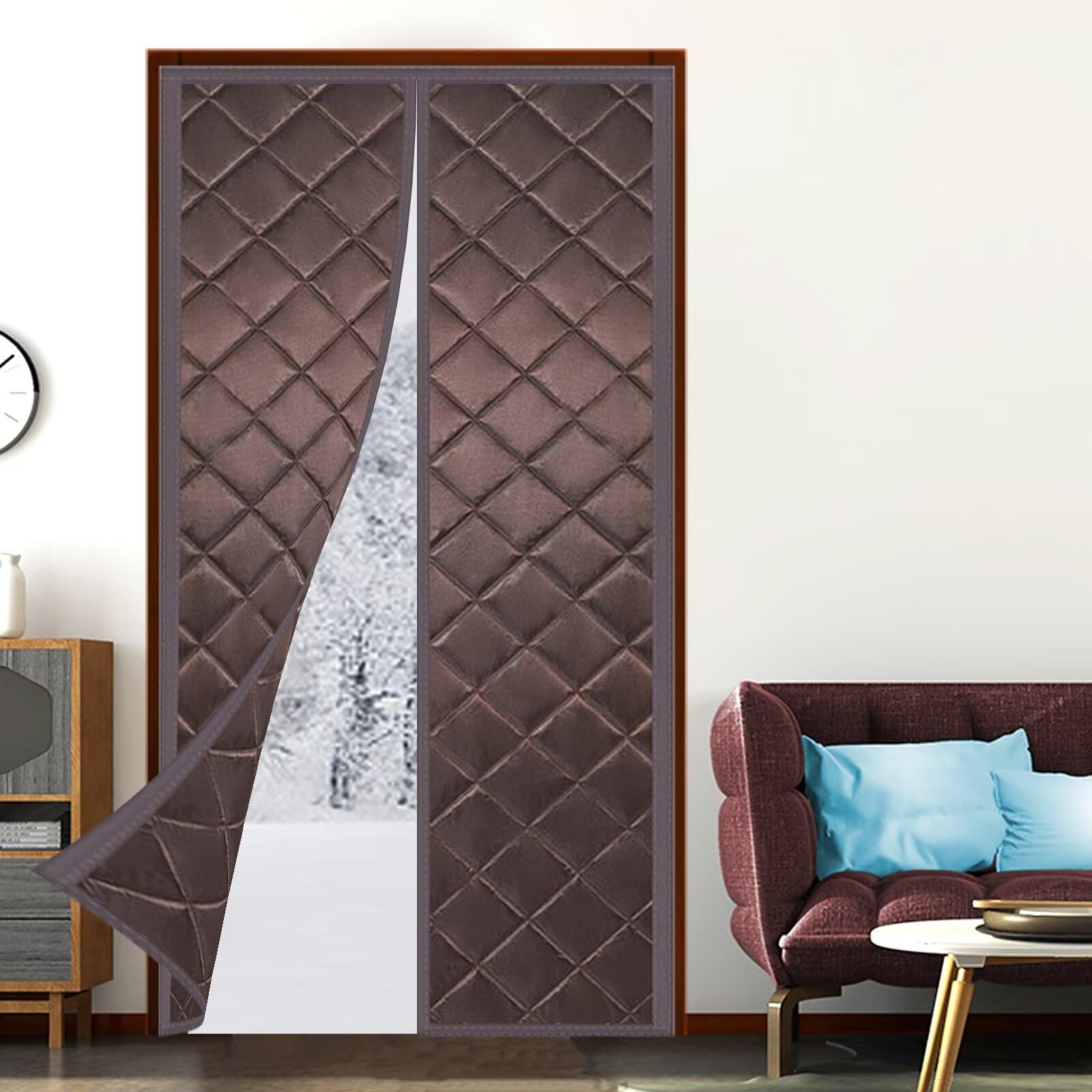 Rideau thermique porte magnétique rideau de porte d'entrée isolant en coton marron 70x220
