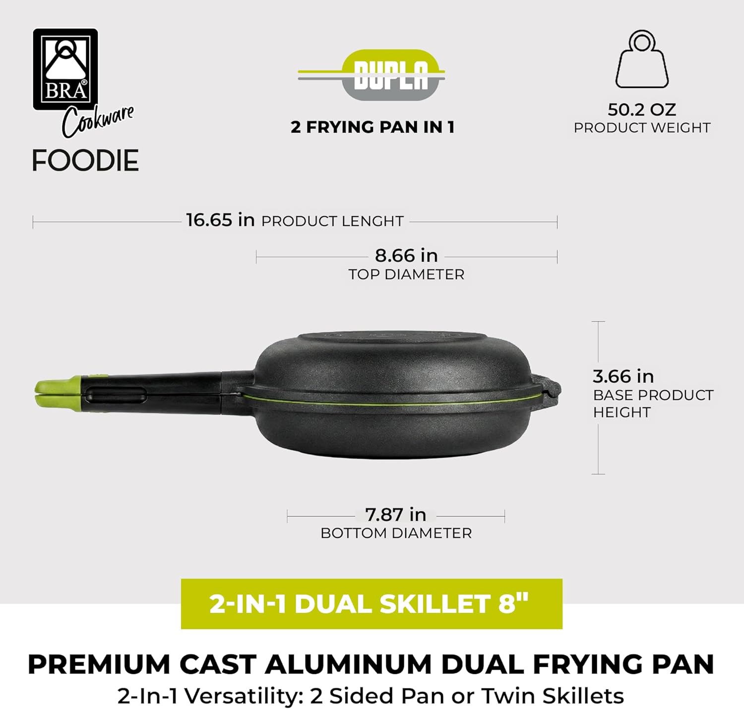 BRA COOKWARE Foodie Dual Frying Pan | 8 inches Double Skillet for Spanish Omelets & Frittatas | PFOA Free Triple Nonstick Coating | Full Induction Reversible Skillet | Cast Aluminum Flip Pan