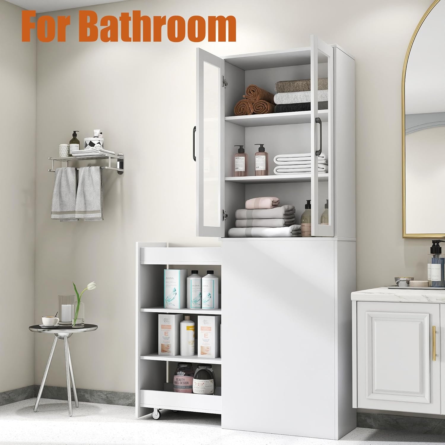 71" Tall Corner Bookshelf and Bookcase with Doors, Display Cabinet, White Storage Cabinet with 4 Pull-Out Shelves, Modern Book Shelf for Living Room Home Office Library