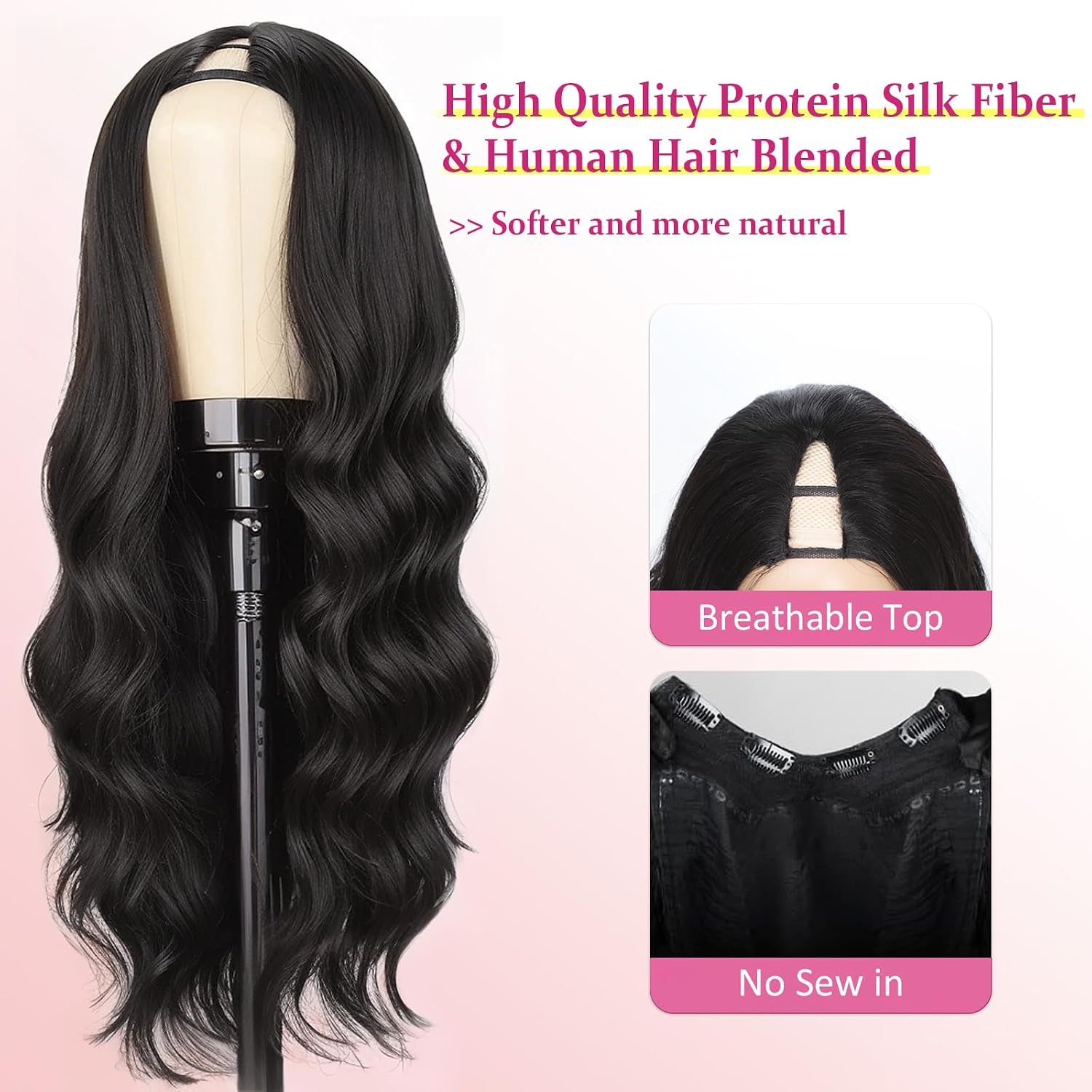 V Part Wig Body Wave Upgrade U Part Wigs for Black Women Premium Protein Silk Fiber & Human Hair Blended, Clip in V-Part Half Wigs Glueless Wear and Go 180% Density Natural Black 22Inch