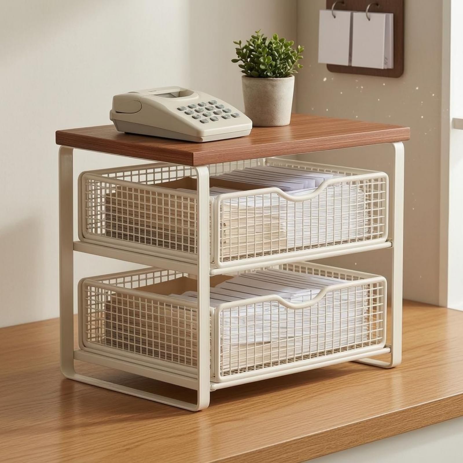 rockible Organizzatore da Scrivania Ufficio Mensola Ripiani Cassetto Portadocumenti Portapenne Struttura in Metallo Effetto Legno, Stile Nero, Noce, Con Cassetto, Rialzato Senza Installazione