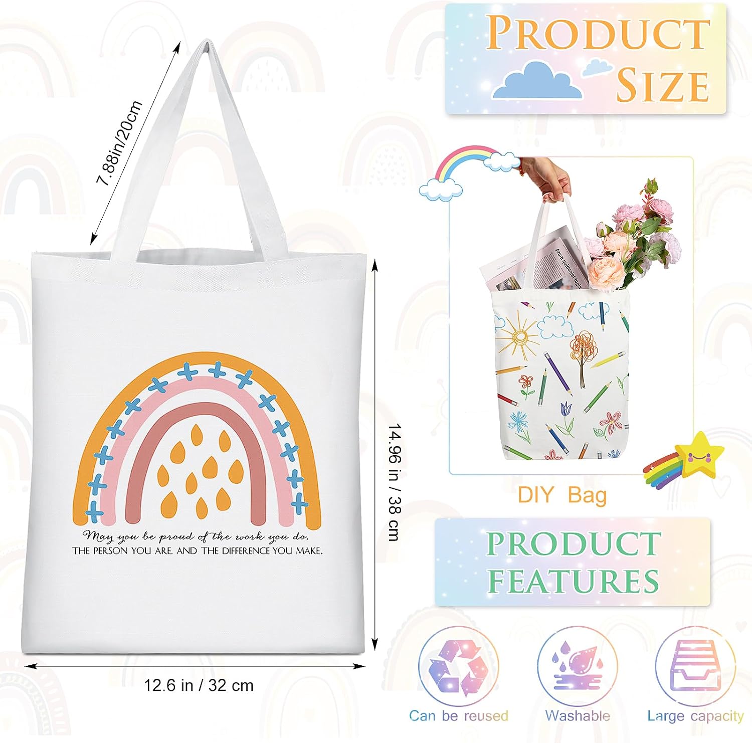 Woanger 10 Pcs Thank You Gift Rainbow Canvas Tote Bags image 3