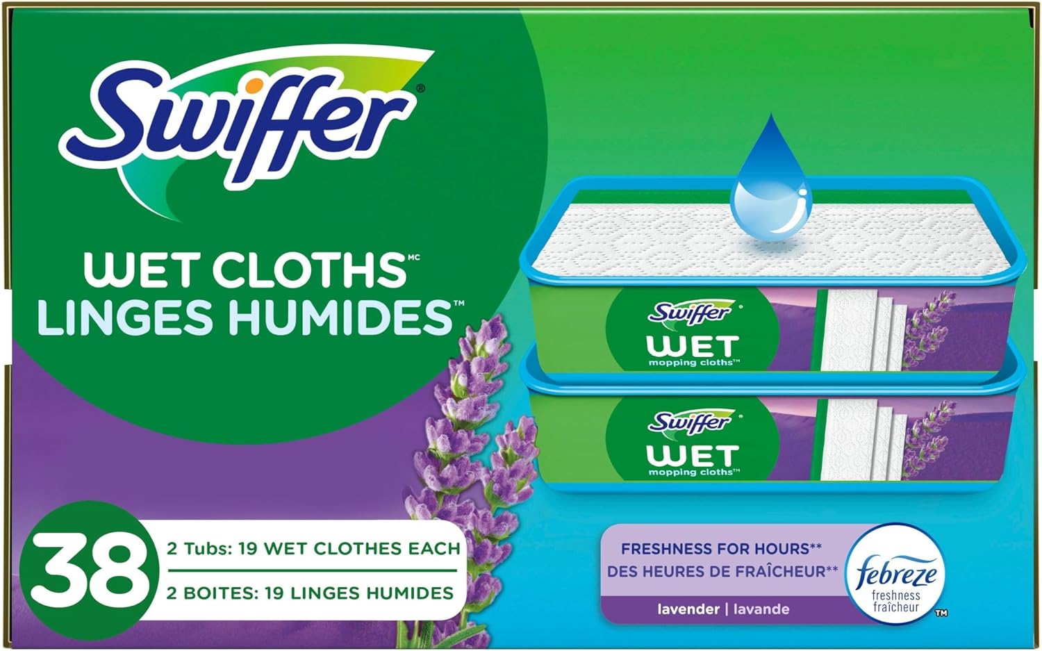 Swiffer Sweep + Mop, Wet Pads Refill, Floor Cleaner for Dirt, Dust, Hair, Cleaning Cloths for Mopping Home, Bathroom, Kitchen, All Purpose Multi-Surface Floor Wipes, Lavender, 38 Count